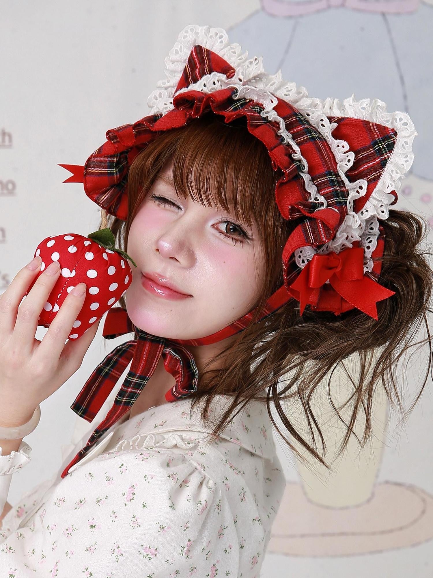 SOS MEME CLUB Red Plaid Cute Cat Ear Vintage Lolita Women's Kc / Headbands