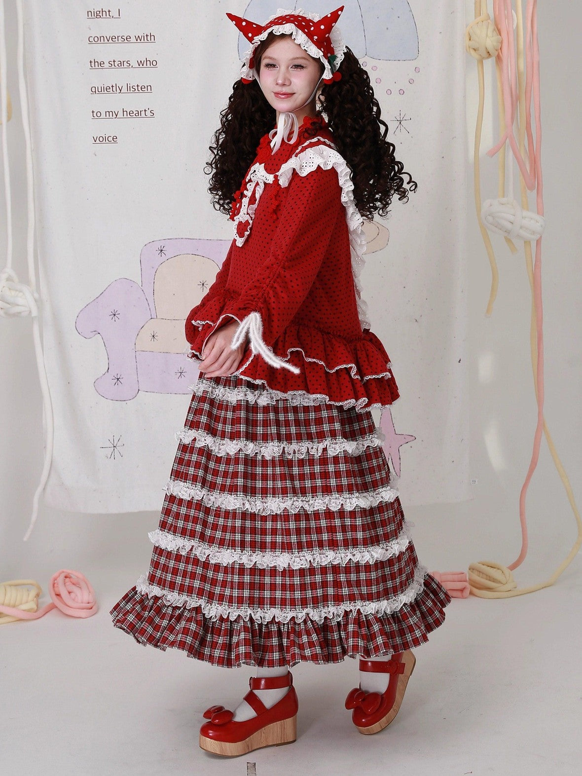 SOS MEME CLUB Red Plaid Lace Trim Patchwork Ruffled Hem Women's Polyester Skirts