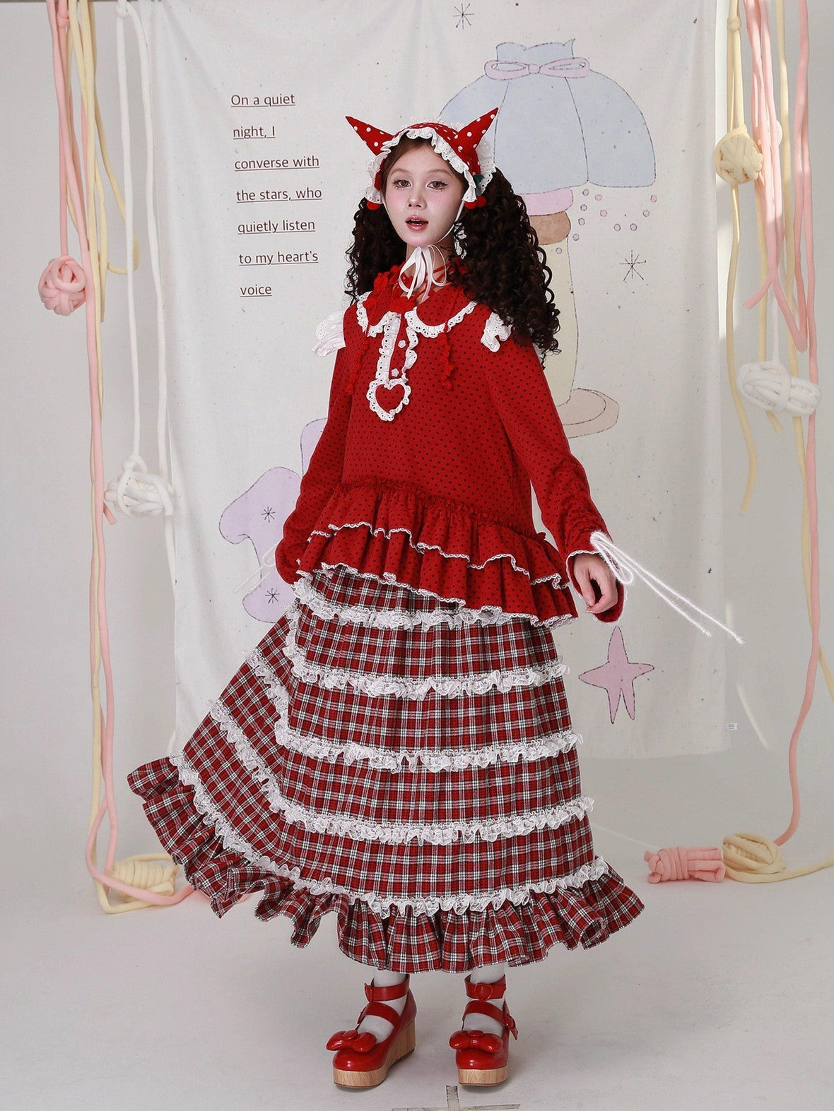 SOS MEME CLUB Red Plaid Lace Trim Patchwork Ruffled Hem Women's Polyester Skirts