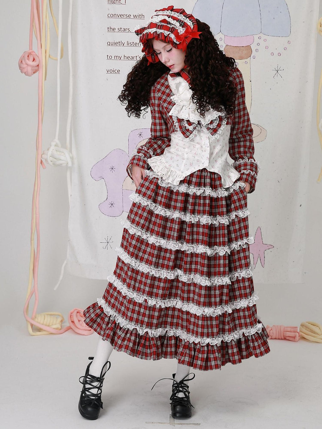 SOS MEME CLUB Red Plaid Lace Trim Patchwork Ruffled Hem Women's Polyester Skirts