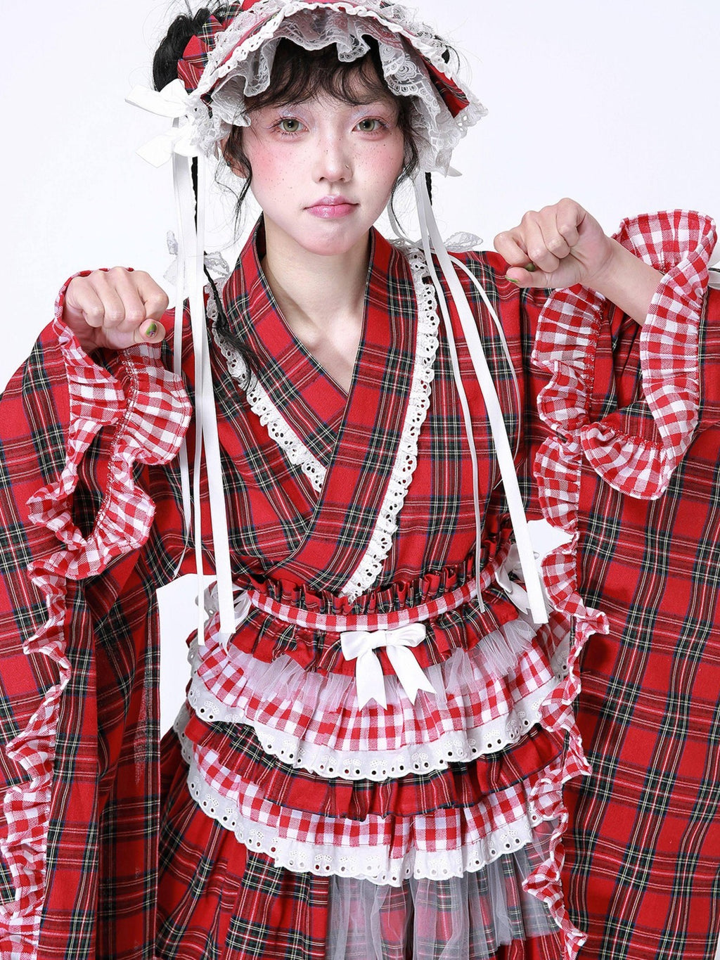 SOS MEME CLUB Red Plaid Lace Up Bow V-neck Kimono Style Women's Melissabow Long Sleeve Op