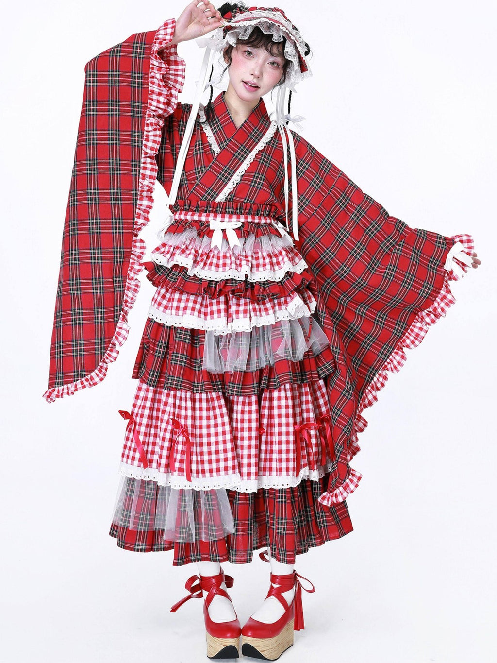 SOS MEME CLUB Red Plaid Lace Up Bow V-neck Kimono Style Women's Melissabow Long Sleeve Op