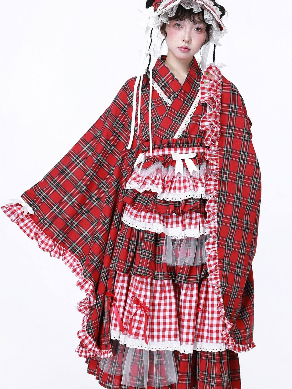 SOS MEME CLUB Red Plaid Lace Up Bow V-neck Kimono Style Women's Melissabow Long Sleeve Op