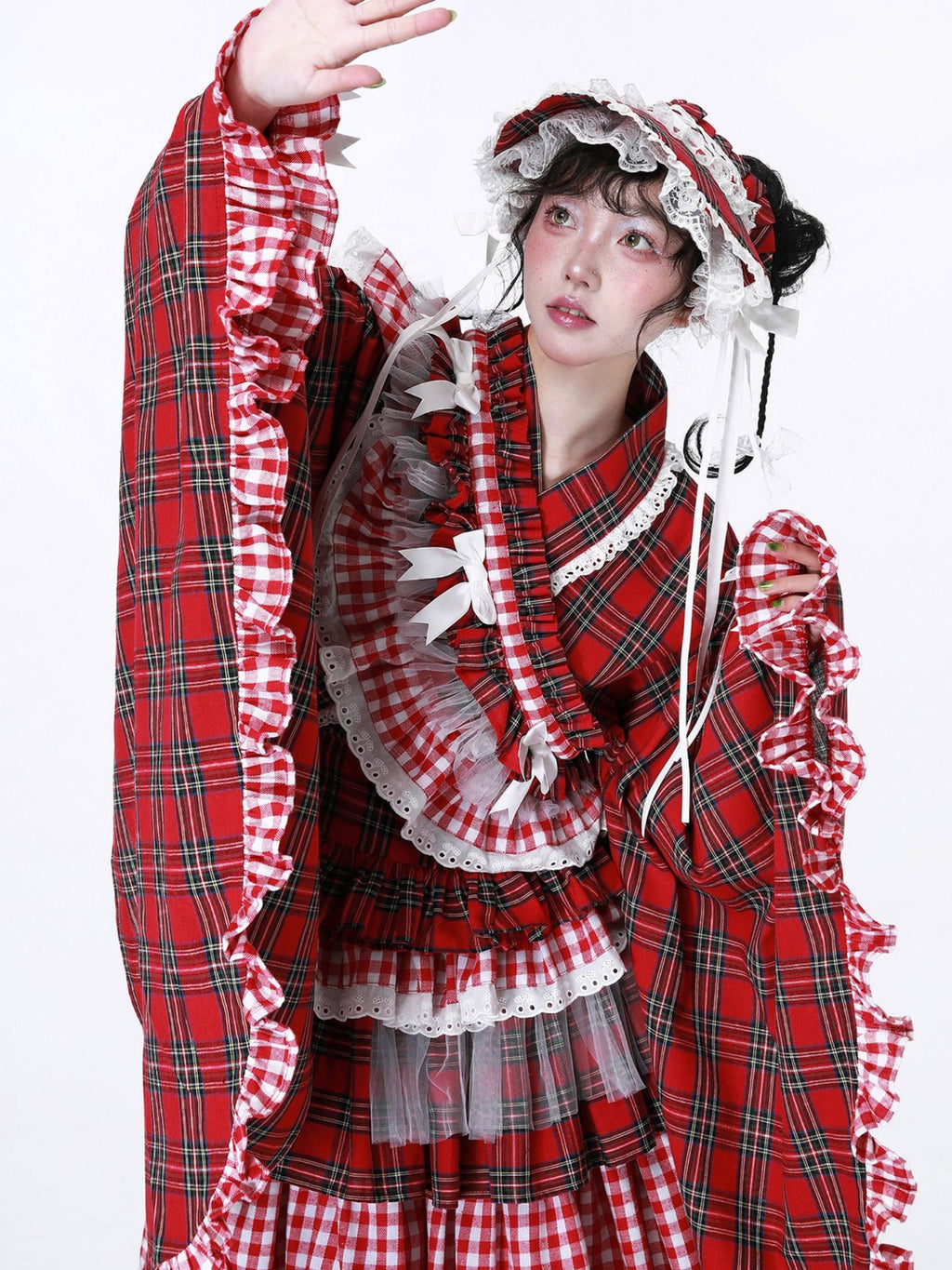 SOS MEME CLUB Red Plaid Lace Up Bow V-neck Kimono Style Women's Melissabow Long Sleeve Op