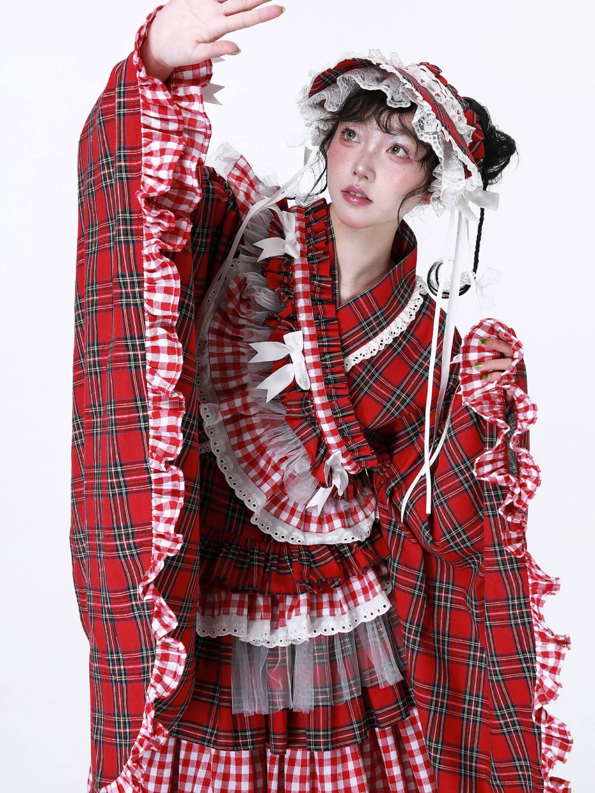 SOS MEME CLUB Red Plaid Lace Up Bow V-neck Kimono Style Women's Melissabow Long Sleeve Op