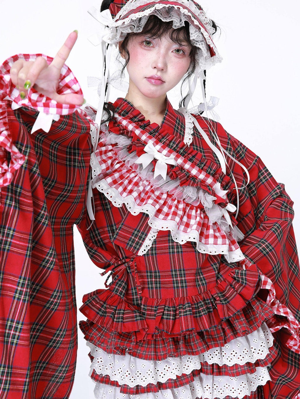 SOS MEME CLUB Red Plaid Lace Up Bow V-neck Kimono Style Women's Melissabow Long Sleeve Op