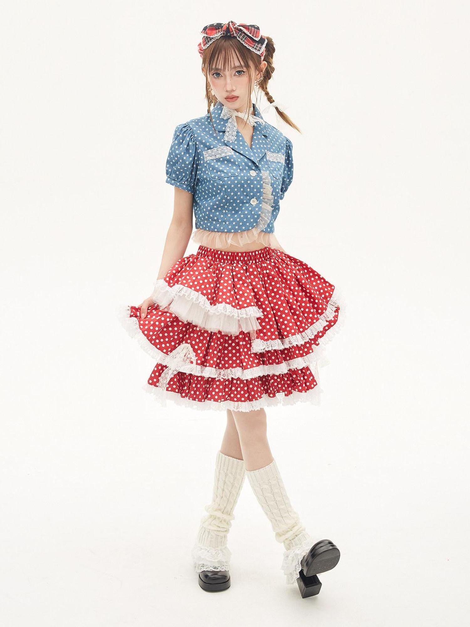 SOS MEME CLUB Red Polka Dot Bow Print Cake Aline Retro Lolita Women's Skirts