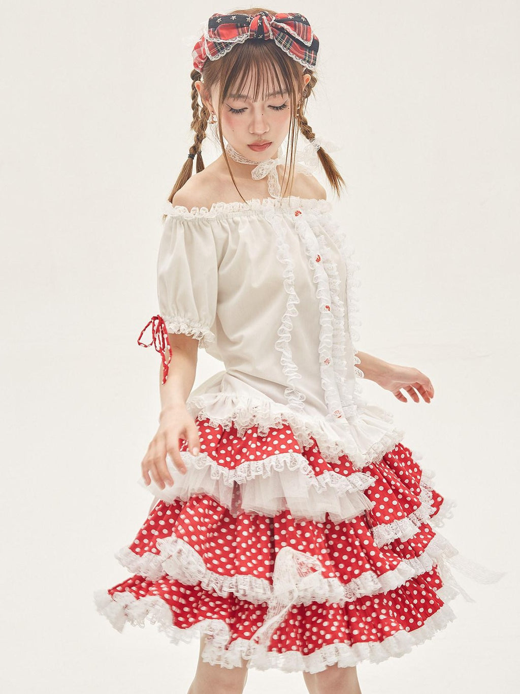 SOS MEME CLUB Red Polka Dot Bow Print Cake Aline Retro Lolita Women's Skirts