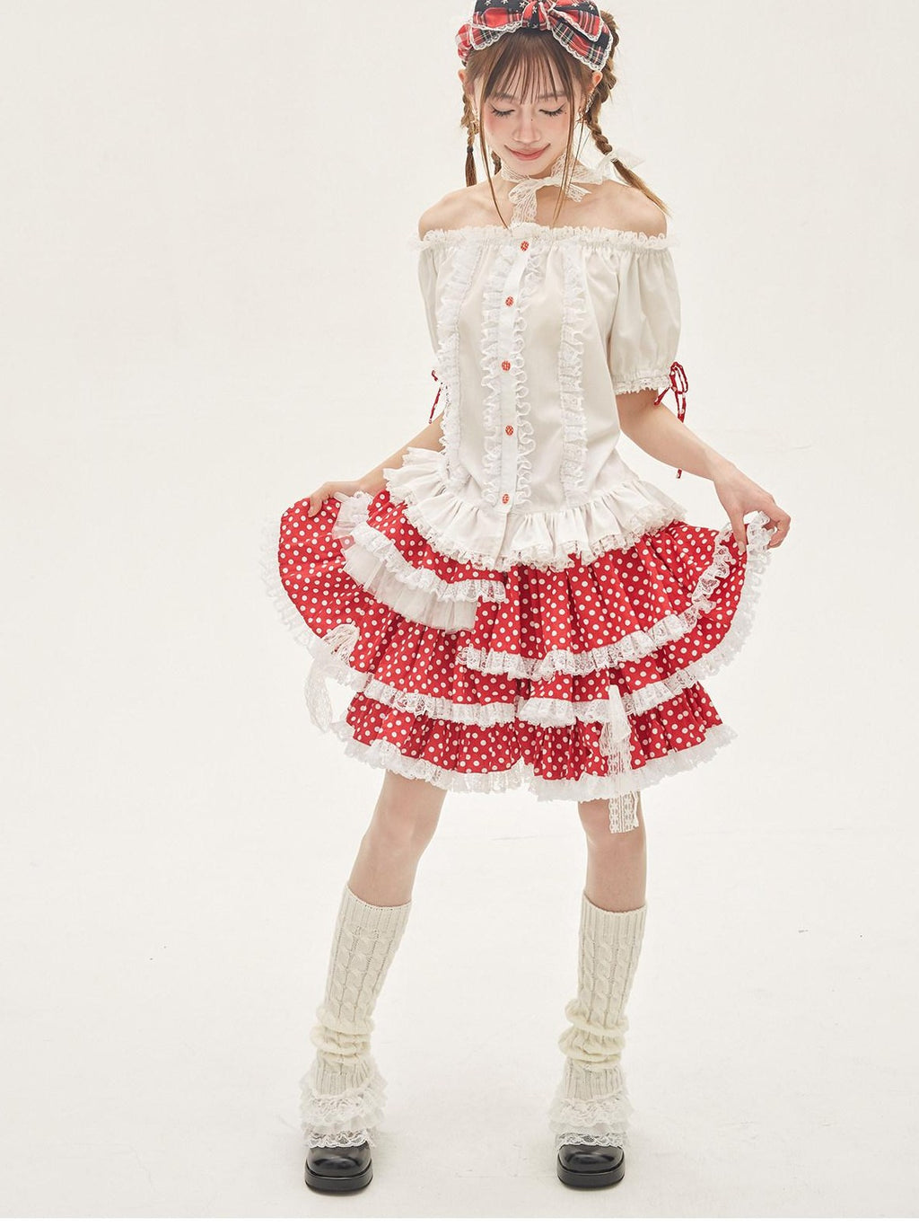 SOS MEME CLUB Red Polka Dot Bow Print Cake Aline Retro Lolita Women's Skirts