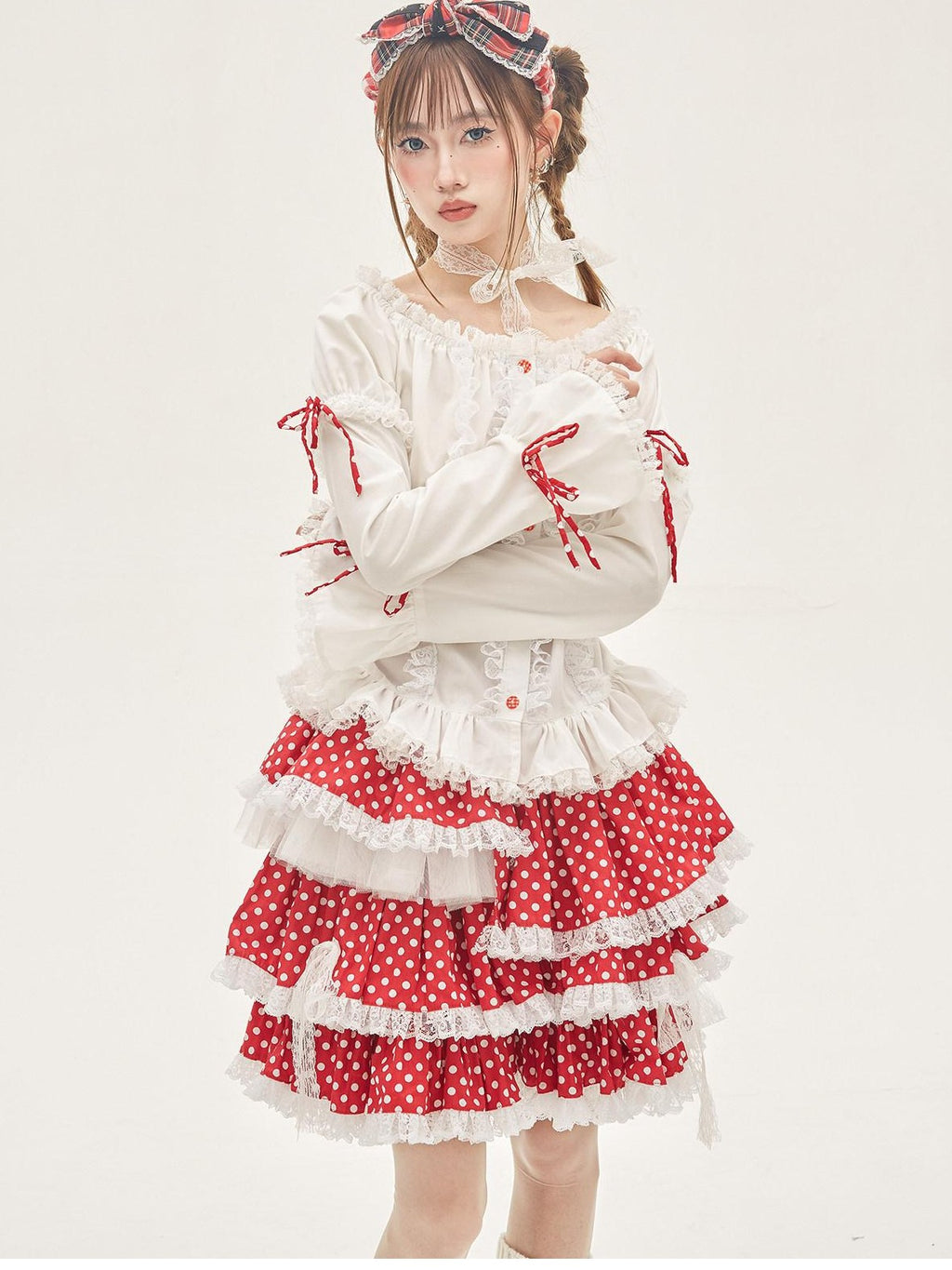 SOS MEME CLUB Red Polka Dot Bow Print Cake Aline Retro Lolita Women's Skirts