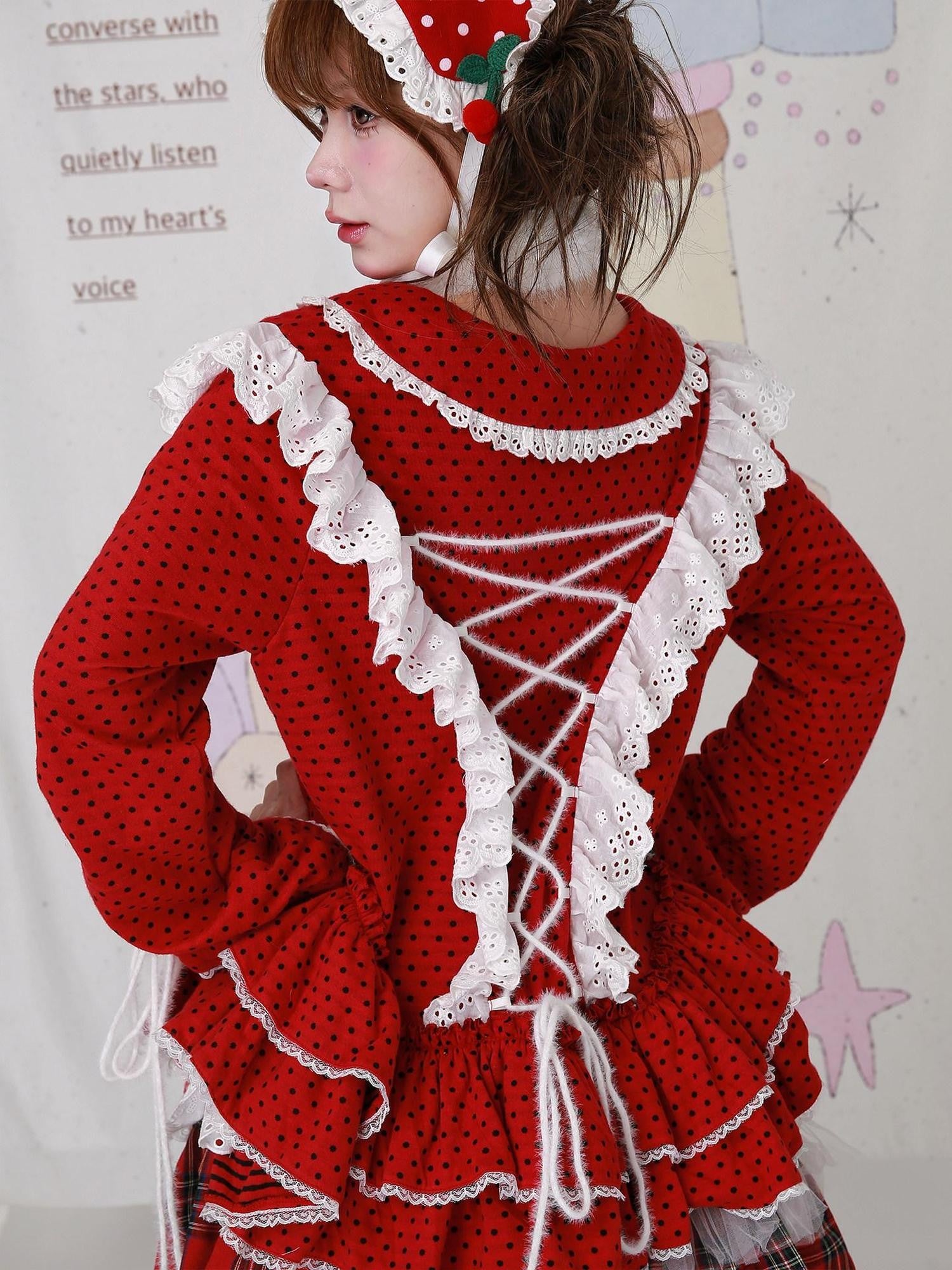 SOS MEME CLUB Red Polka Dot Doll Collar Back Tie Women's Cotton Lined Long Sleeve Cutsews