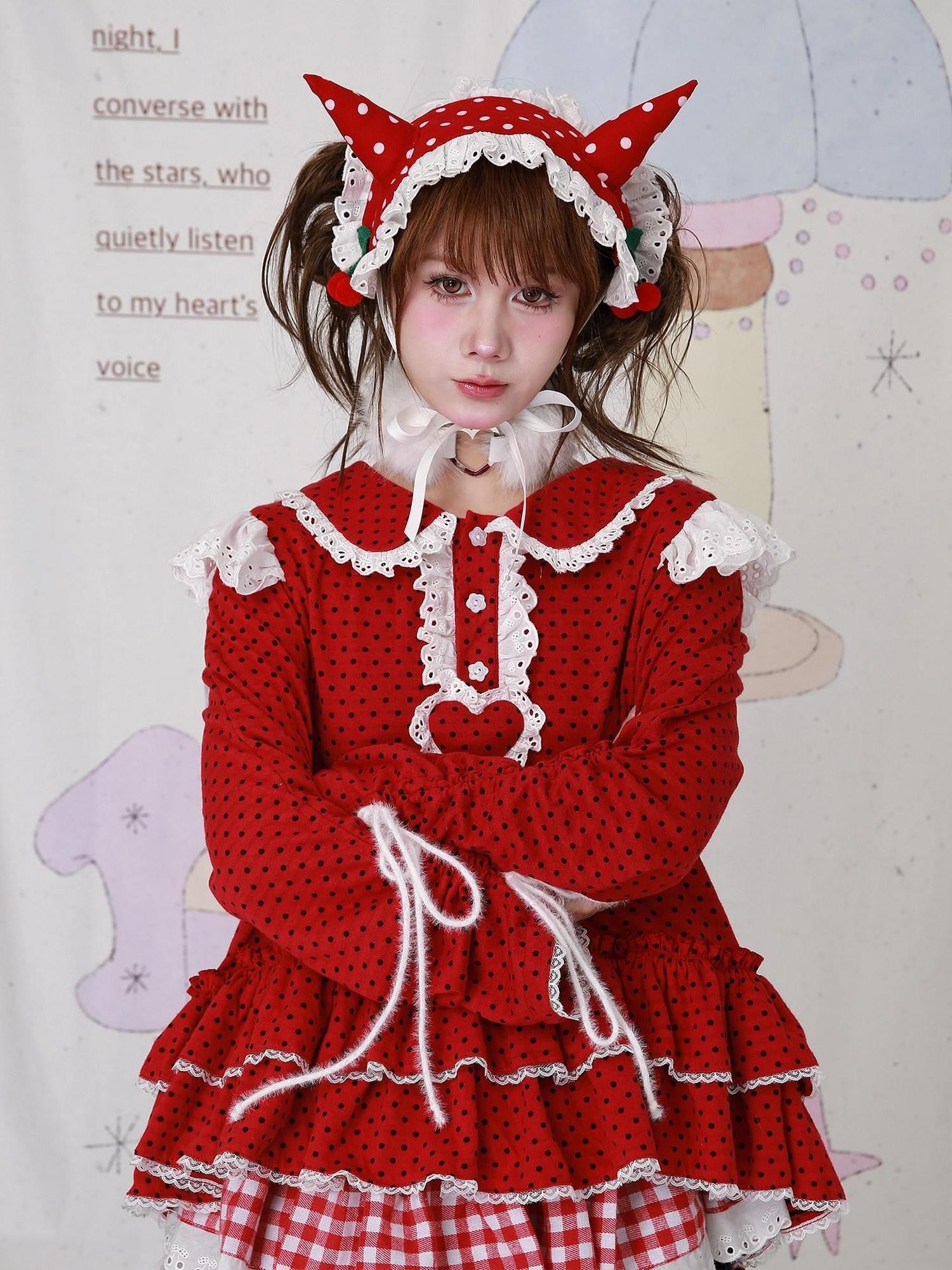 SOS MEME CLUB Red Polka Dot Doll Collar Back Tie Women's Cotton Lined Long Sleeve Cutsews