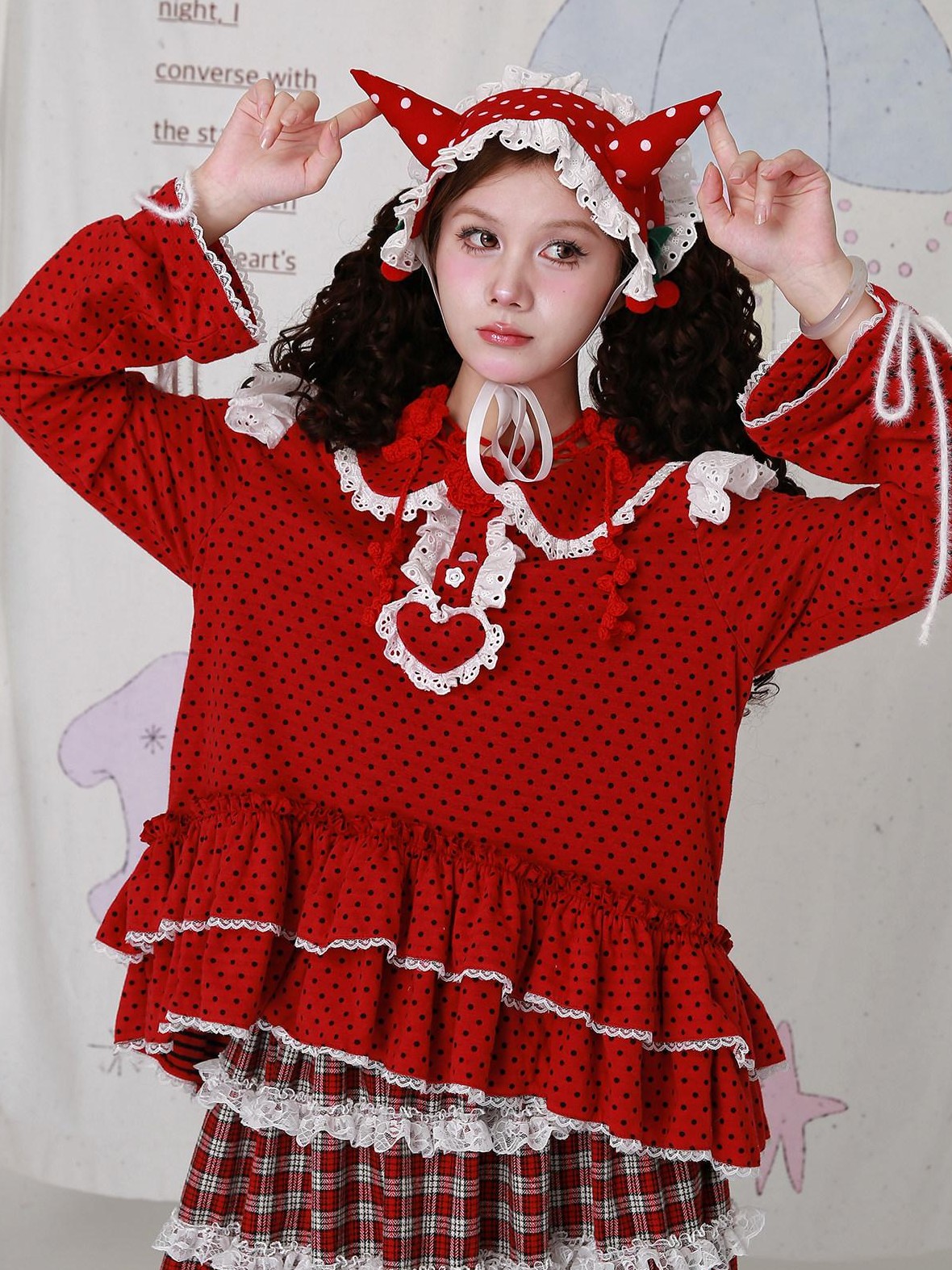SOS MEME CLUB Red Polka Dot Doll Collar Back Tie Women's Cotton Lined Long Sleeve Cutsews