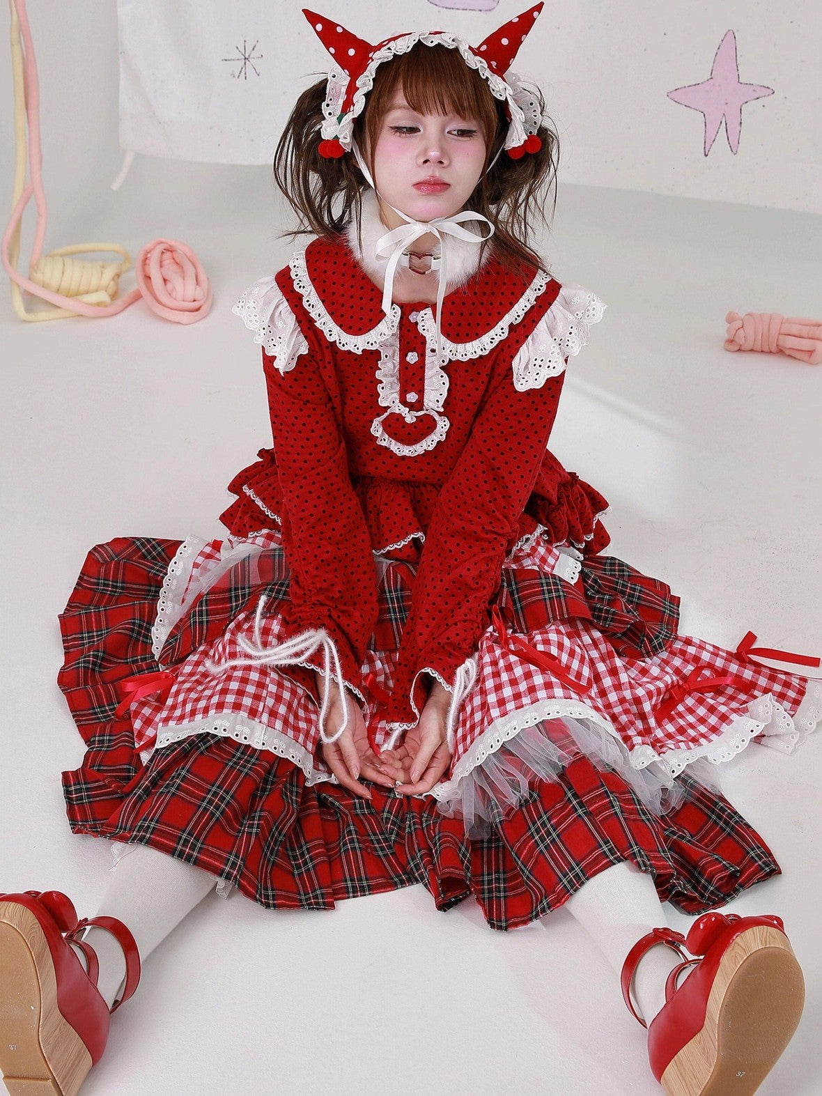 SOS MEME CLUB Red Polka Dot Doll Collar Back Tie Women's Cotton Lined Long Sleeve Cutsews