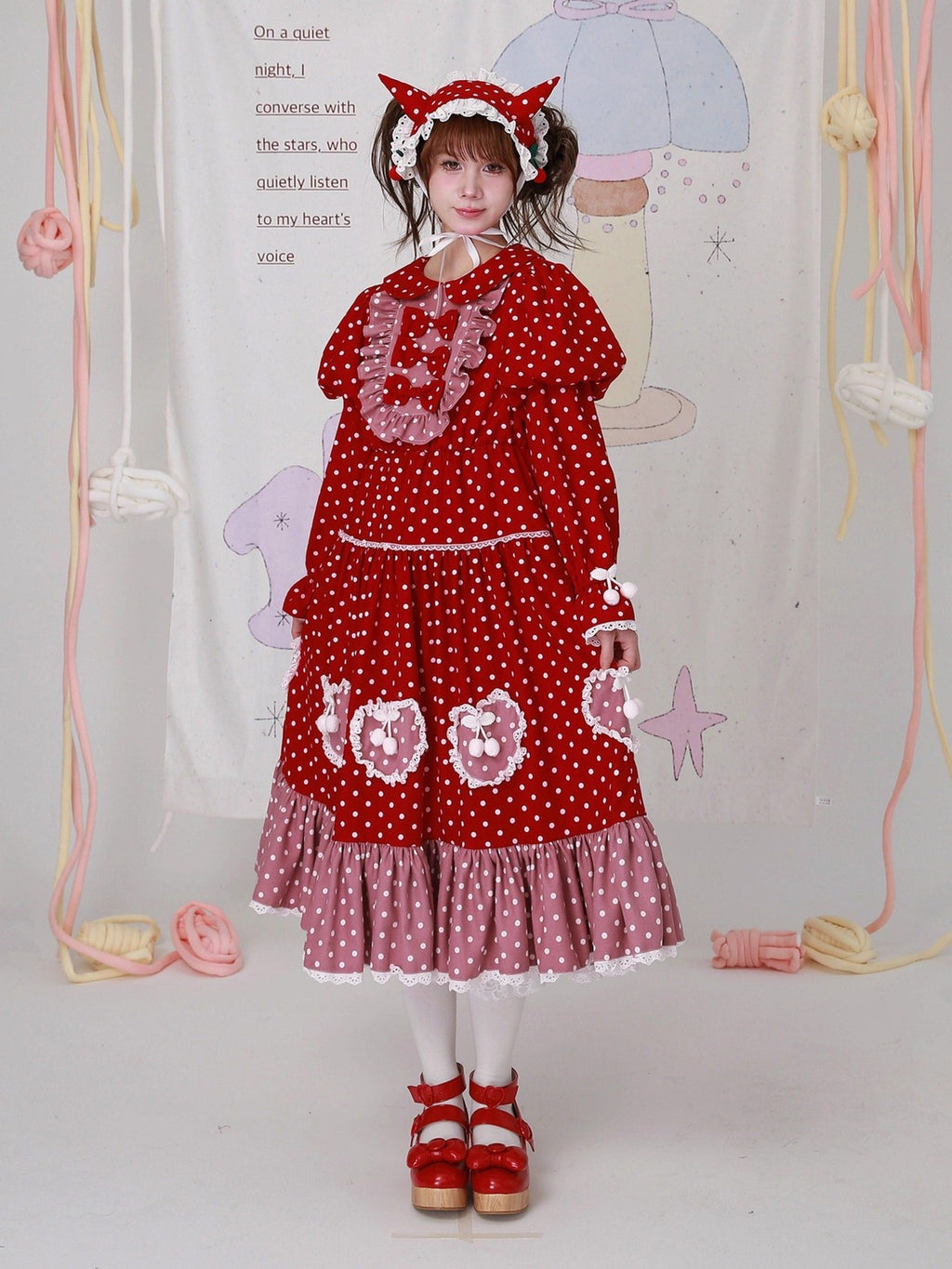 SOS MEME CLUB Red Polka Dot Spliced Peter Pan Collar Women's Cotton Lined Long Sleeve Op