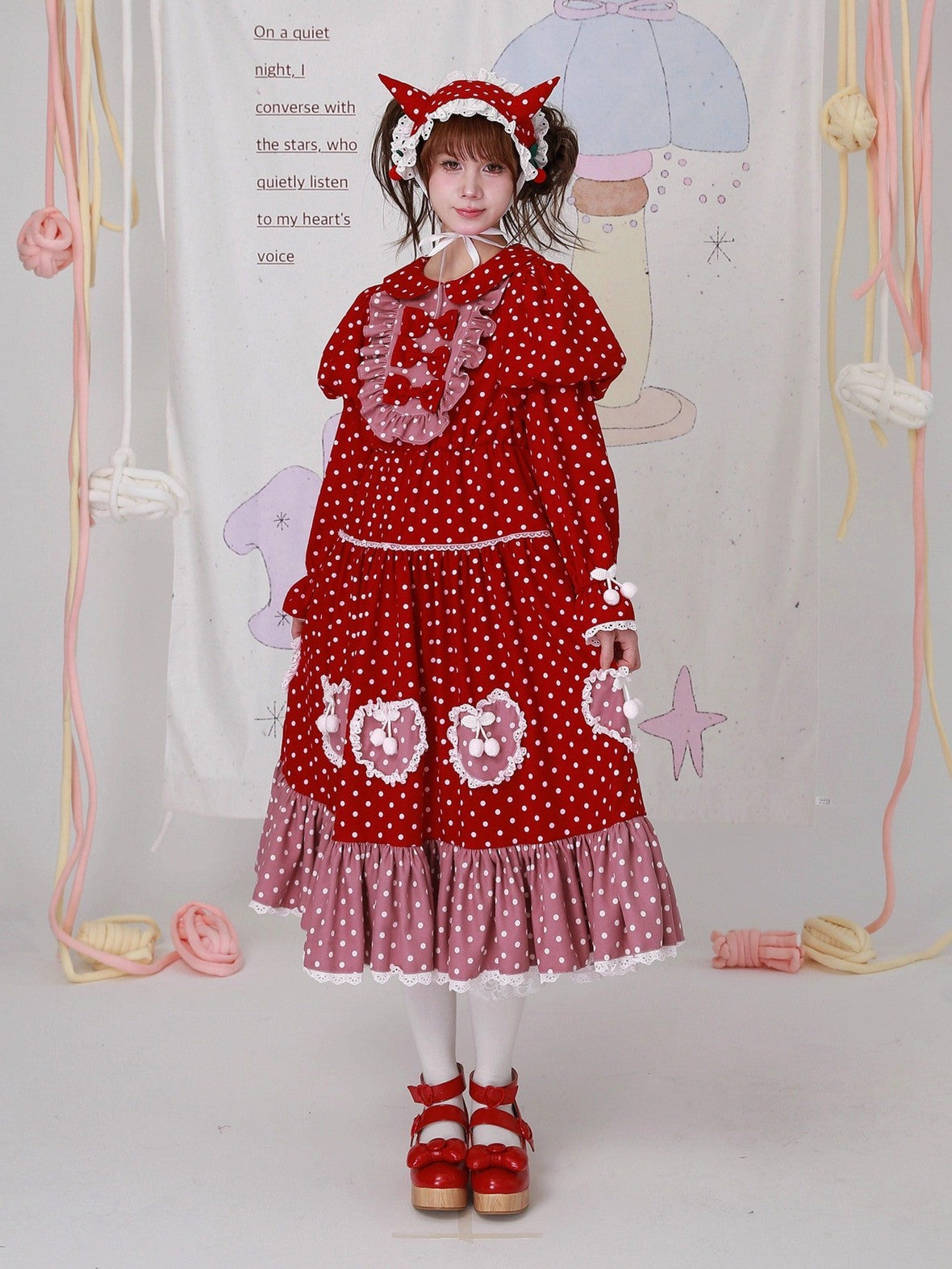 SOS MEME CLUB Red Polka Dot Spliced Peter Pan Collar Women's Cotton Lined Long Sleeve Op