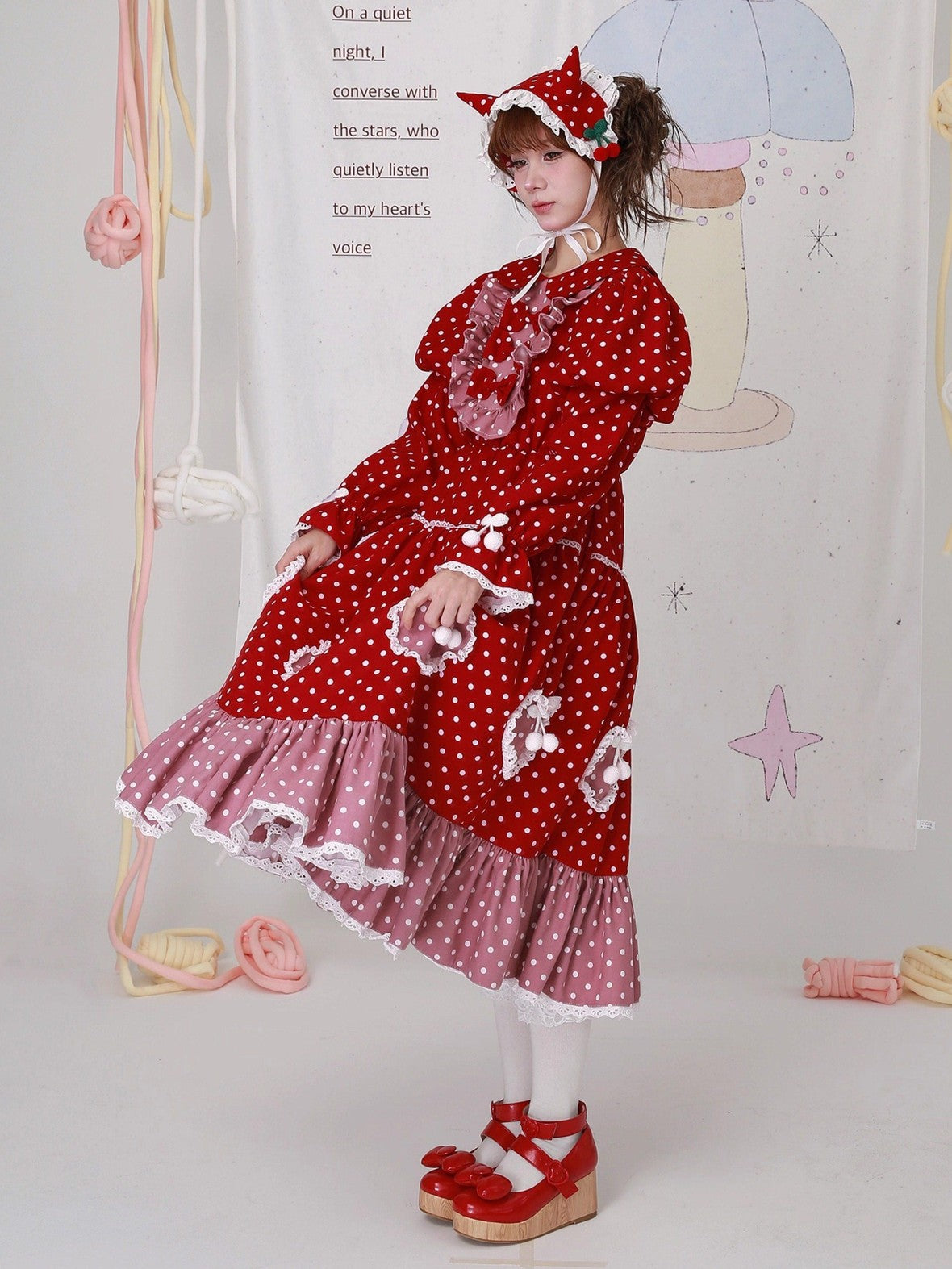 SOS MEME CLUB Red Polka Dot Spliced Peter Pan Collar Women's Cotton Lined Long Sleeve Op