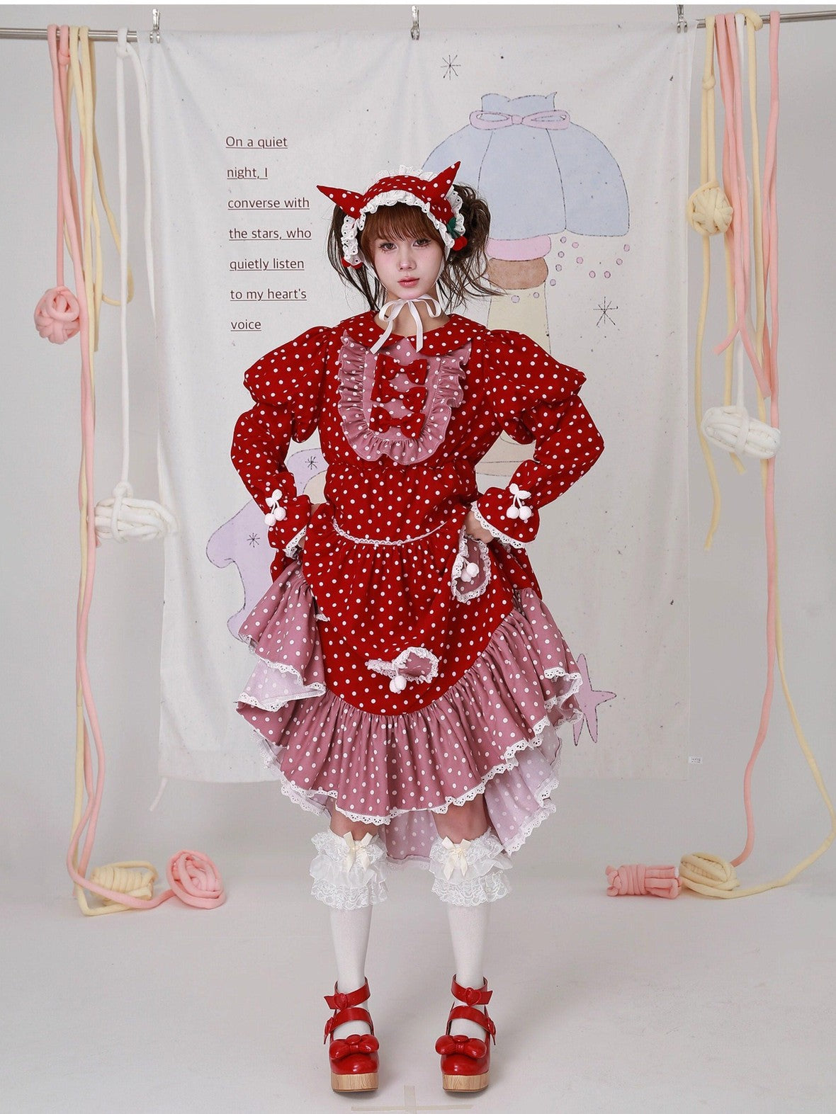 SOS MEME CLUB Red Polka Dot Spliced Peter Pan Collar Women's Cotton Lined Long Sleeve Op