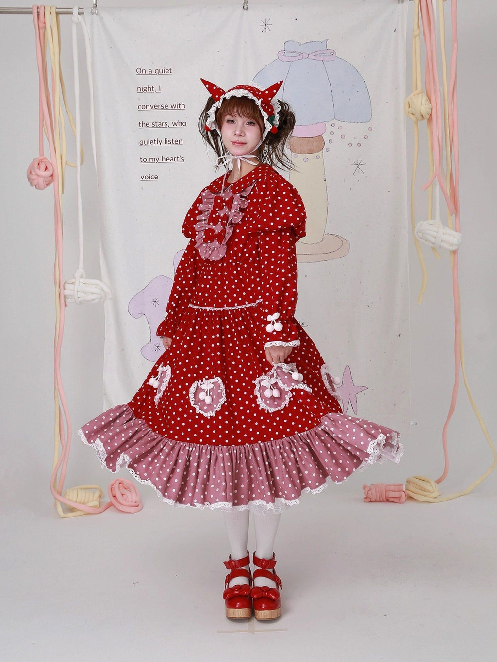 SOS MEME CLUB Red Polka Dot Spliced Peter Pan Collar Women's Cotton Lined Long Sleeve Op