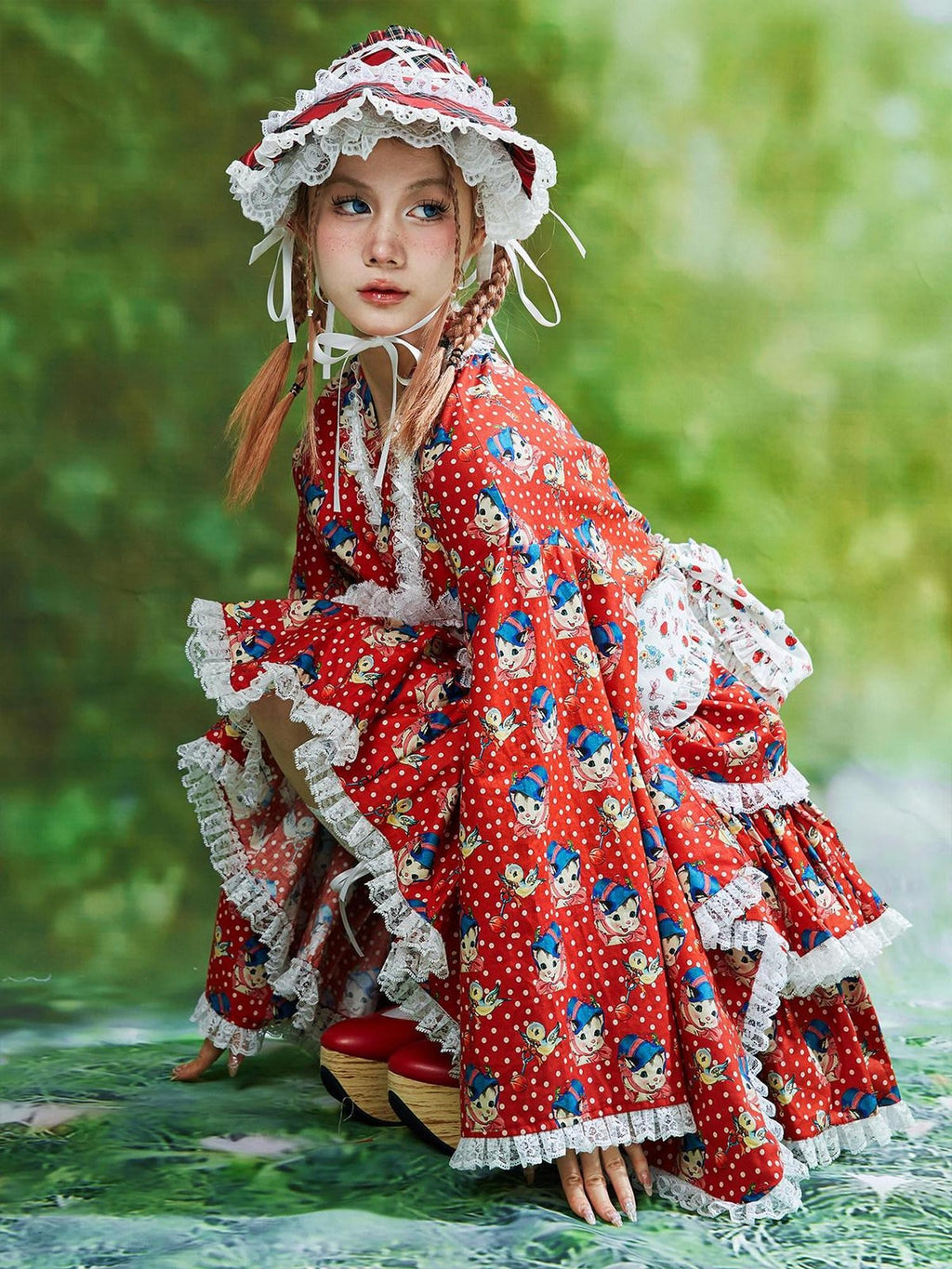 SOS MEME CLUB Retro Lolita Ruffle Print Tiered Cake A Line Women's Lace Skirts