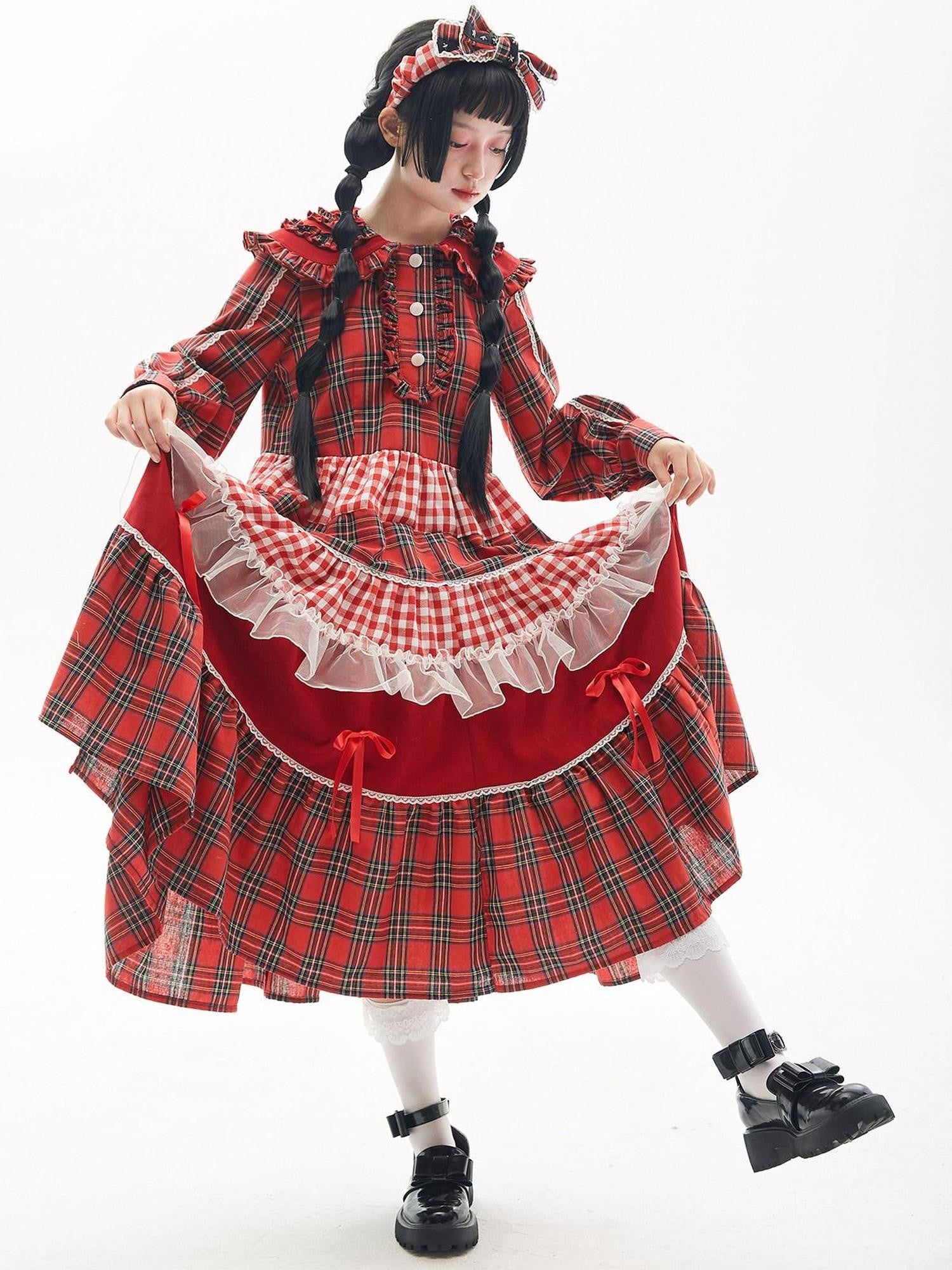 SOS MEME CLUB Retro Pleated Patchwork Doll Collar Button Aline Red Women's Long Sleeve Op