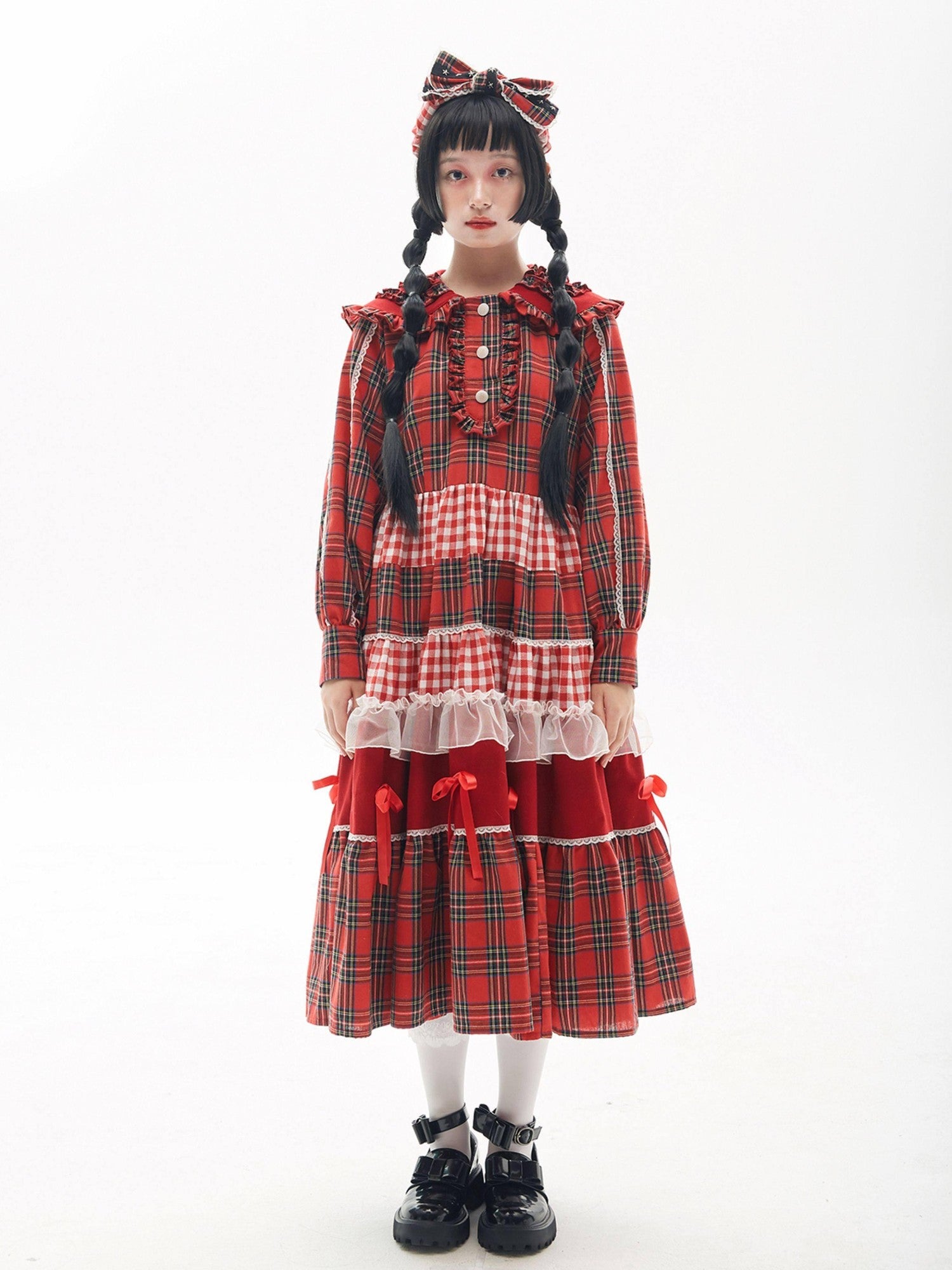 SOS MEME CLUB Retro Pleated Patchwork Doll Collar Button Aline Red Women's Long Sleeve Op