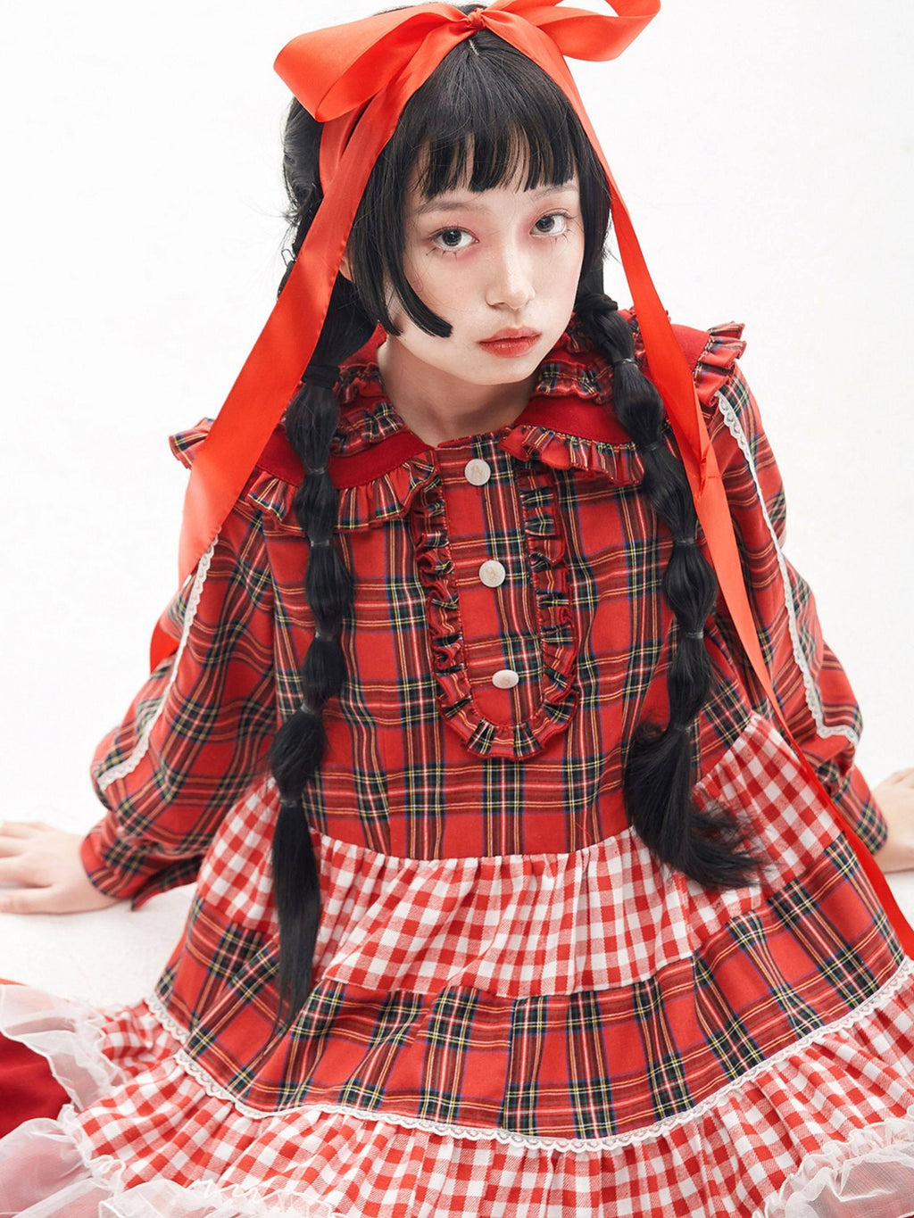 SOS MEME CLUB Retro Pleated Patchwork Doll Collar Button Aline Red Women's Long Sleeve Op