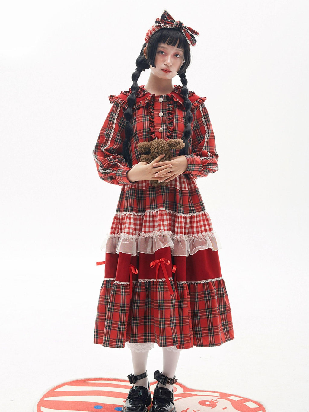 SOS MEME CLUB Retro Pleated Patchwork Doll Collar Button Aline Red Women's Long Sleeve Op