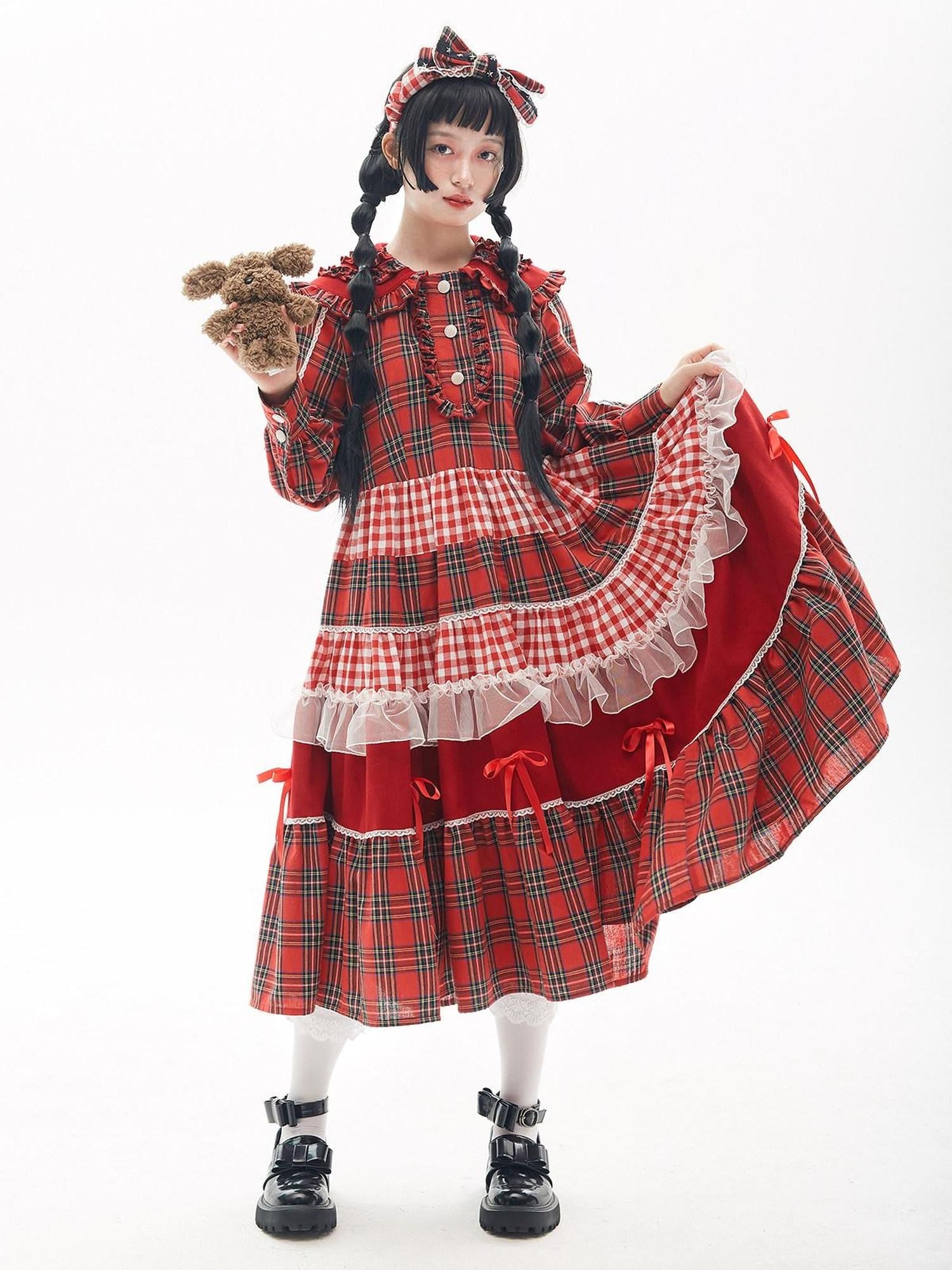 SOS MEME CLUB Retro Pleated Patchwork Doll Collar Button Aline Red Women's Long Sleeve Op