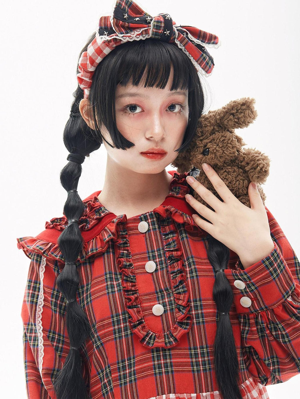 SOS MEME CLUB Retro Pleated Patchwork Doll Collar Button Aline Red Women's Long Sleeve Op
