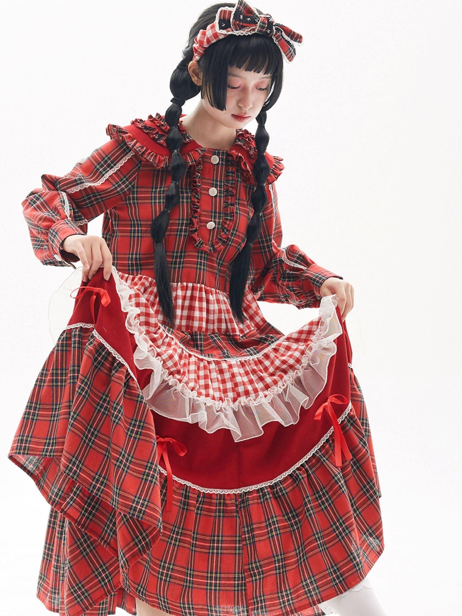 SOS MEME CLUB Retro Pleated Patchwork Doll Collar Button Aline Red Women's Long Sleeve Op