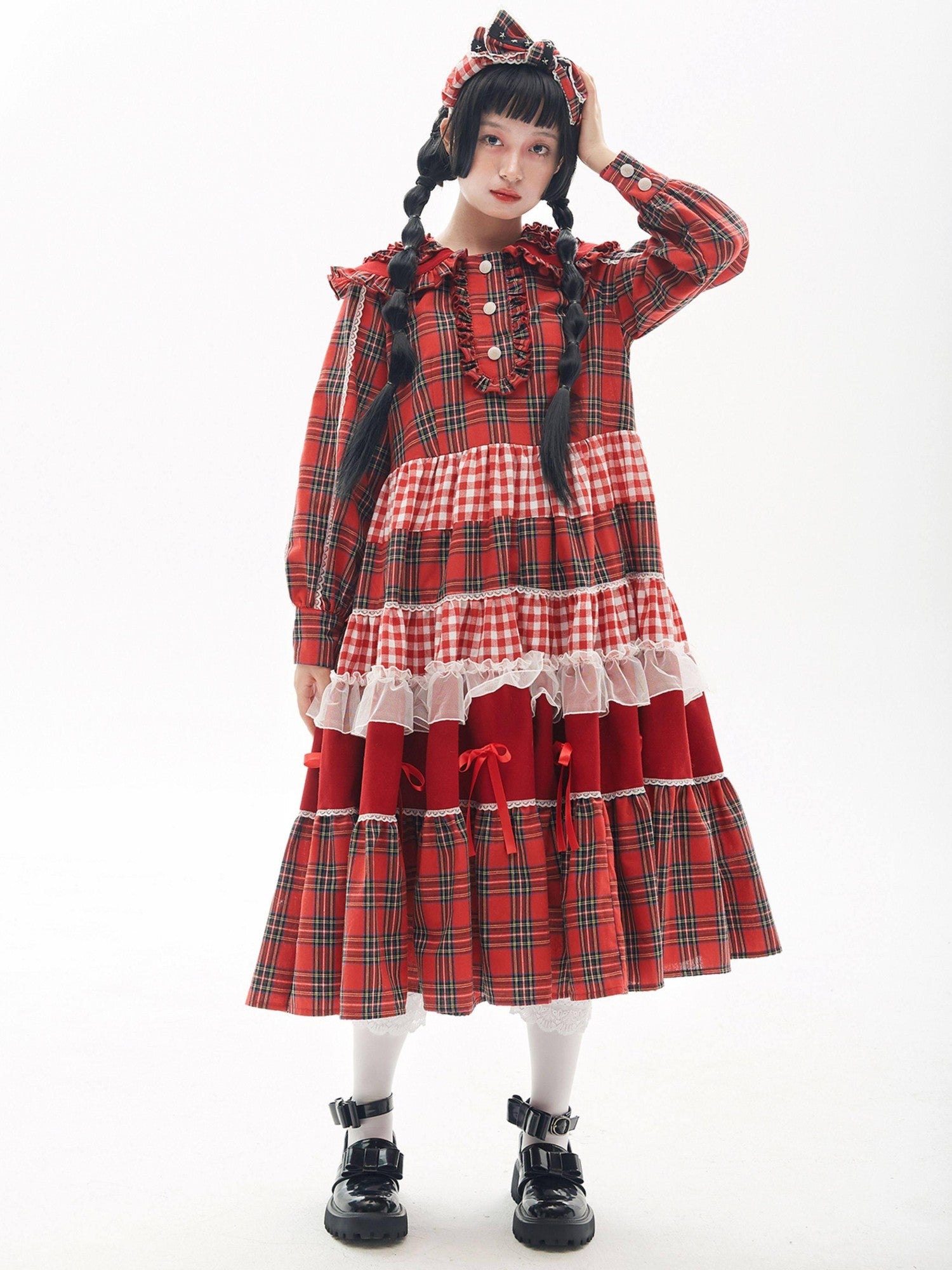SOS MEME CLUB Retro Pleated Patchwork Doll Collar Button Aline Red Women's Long Sleeve Op