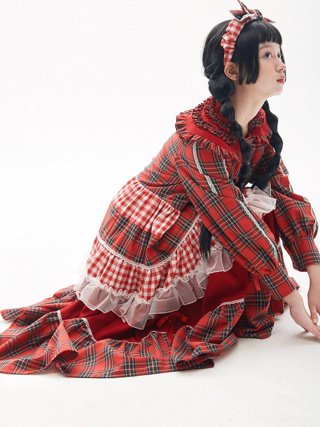 SOS MEME CLUB Retro Pleated Patchwork Doll Collar Button Aline Red Women's Long Sleeve Op