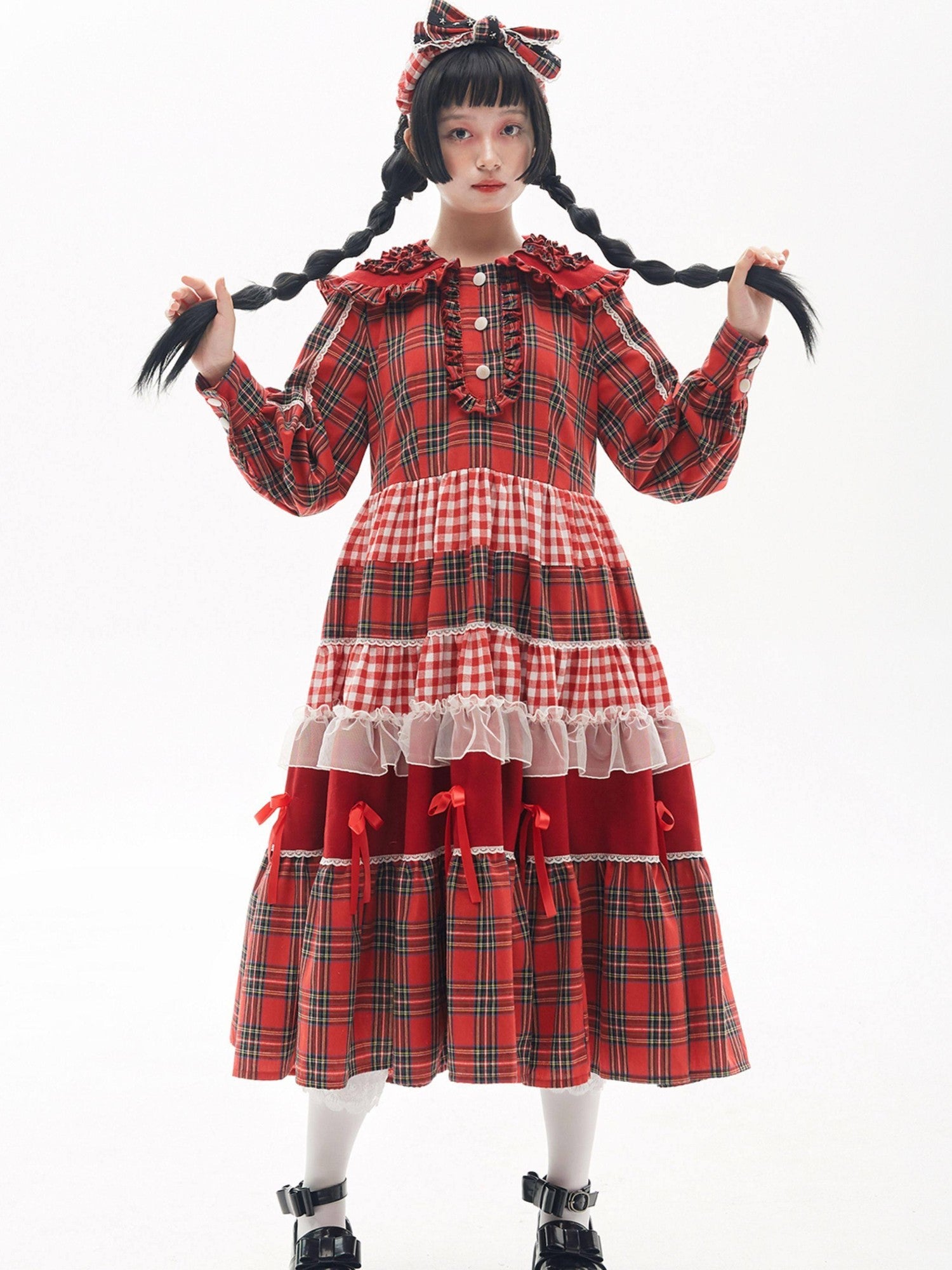 SOS MEME CLUB Retro Pleated Patchwork Doll Collar Button Aline Red Women's Long Sleeve Op