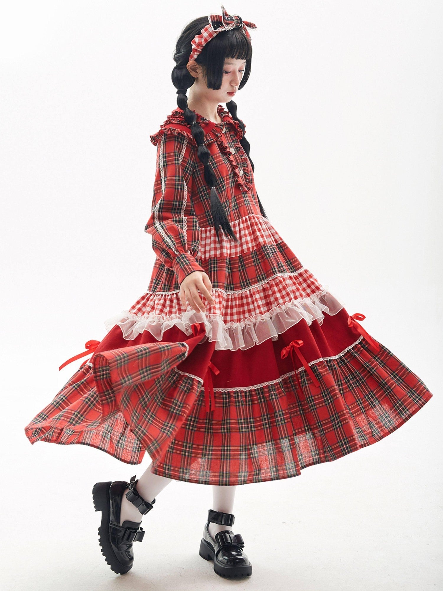 SOS MEME CLUB Retro Pleated Patchwork Doll Collar Button Aline Red Women's Long Sleeve Op