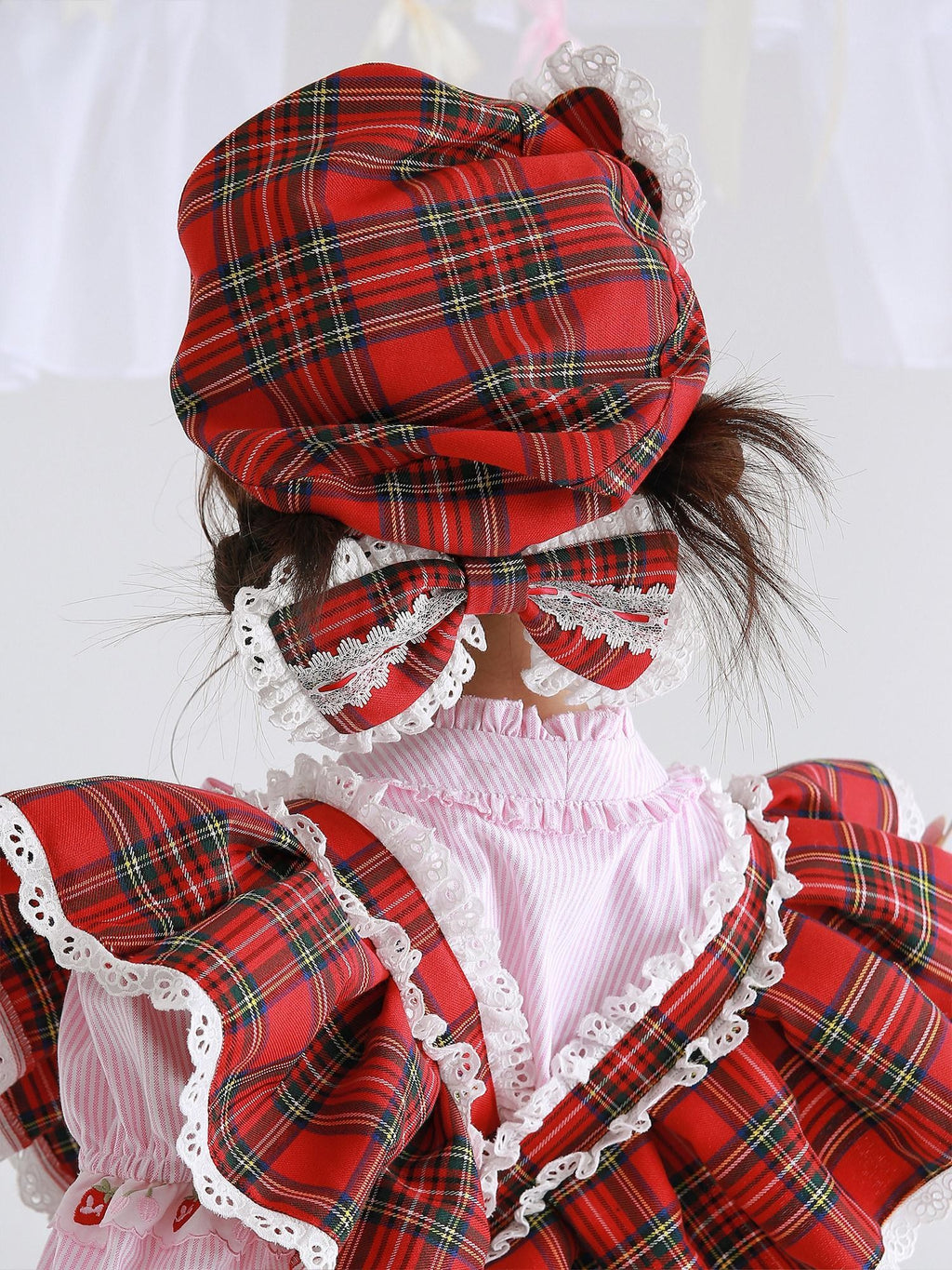 SOS MEME CLUB Retro Red Plaid Hollow Embroidered Women's Polyester Full Bonnets