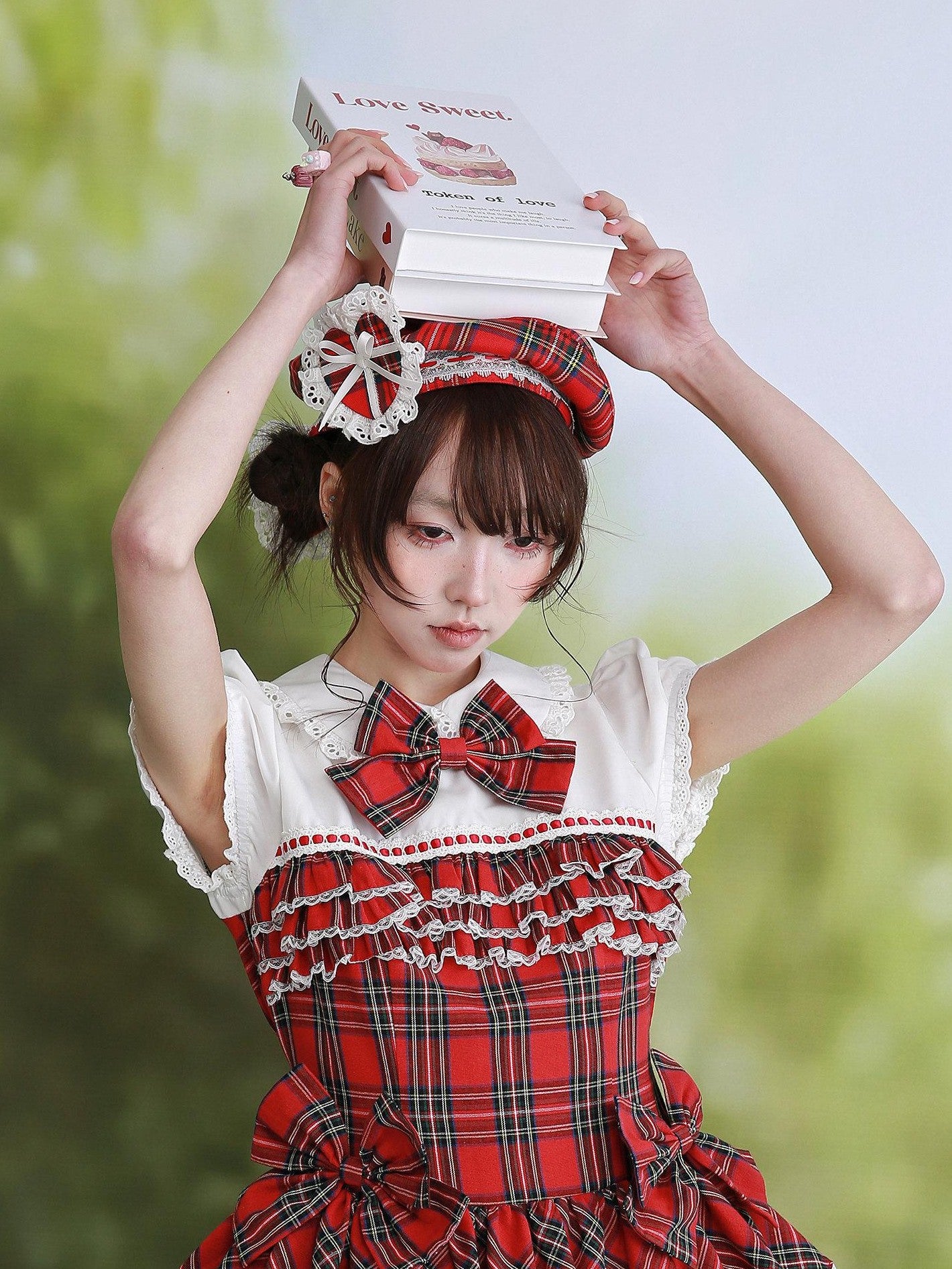 SOS MEME CLUB Retro Red Plaid Hollow Embroidered Women's Polyester Full Bonnets