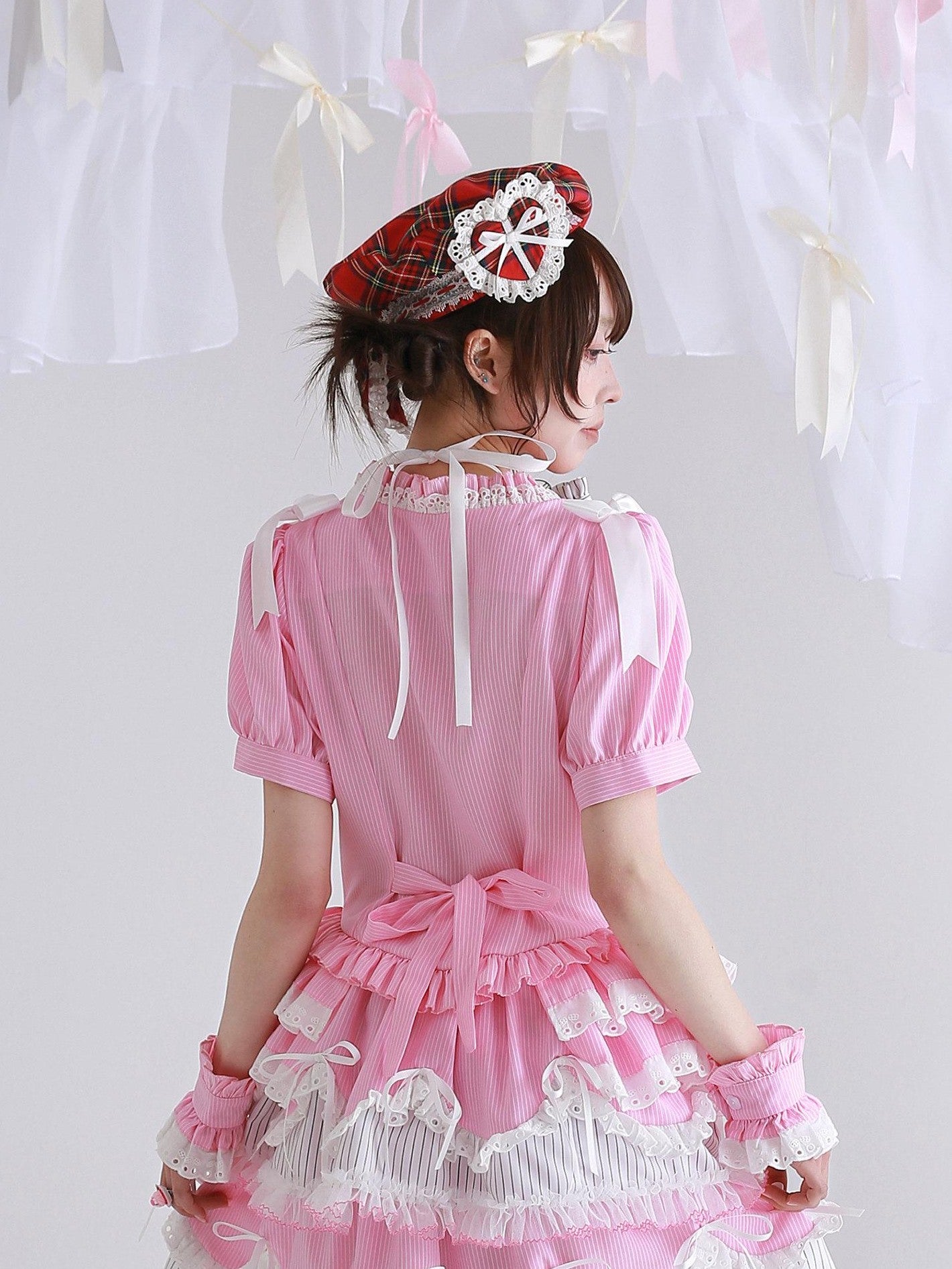 SOS MEME CLUB Retro Red Plaid Hollow Embroidered Women's Polyester Full Bonnets