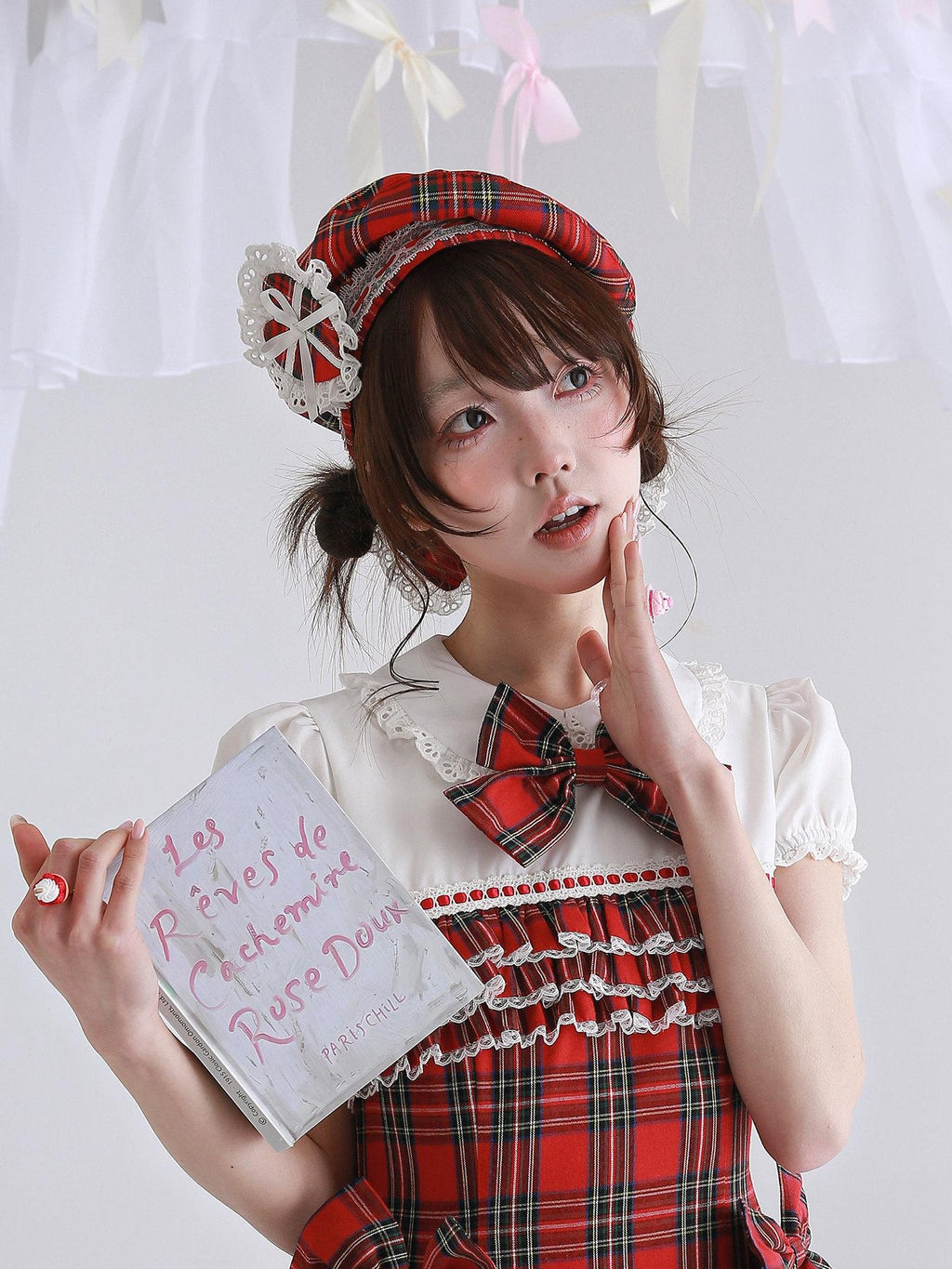 SOS MEME CLUB Retro Red Plaid Hollow Embroidered Women's Polyester Full Bonnets