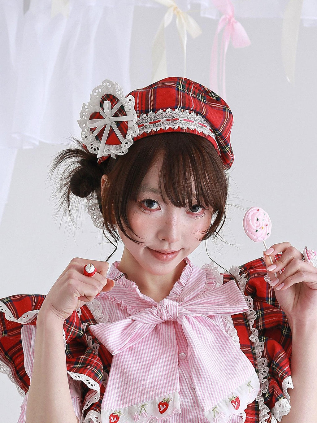 SOS MEME CLUB Retro Red Plaid Hollow Embroidered Women's Polyester Full Bonnets