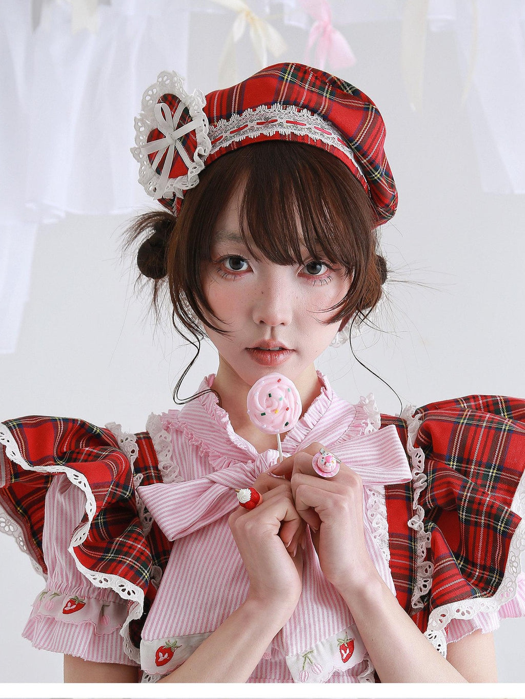 SOS MEME CLUB Retro Red Plaid Hollow Embroidered Women's Polyester Full Bonnets