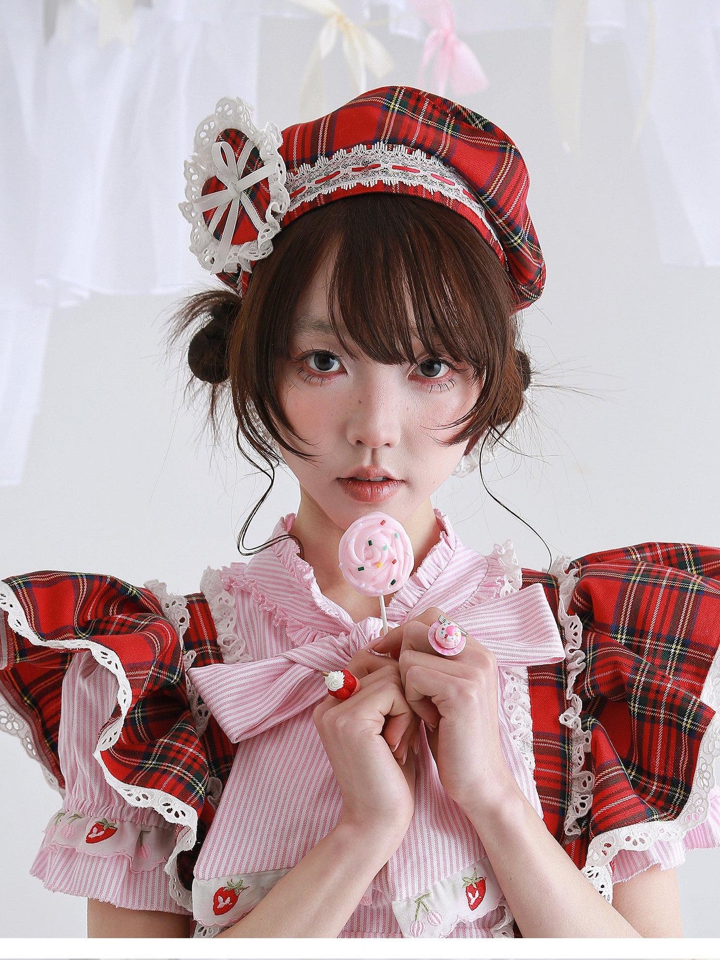 SOS MEME CLUB Retro Red Plaid Hollow Embroidered Women's Polyester Full Bonnets