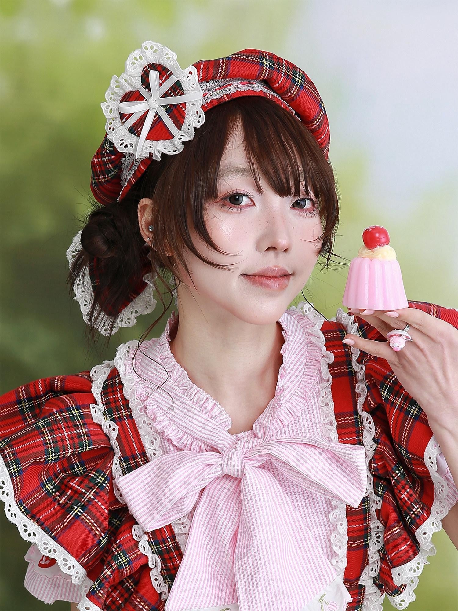 SOS MEME CLUB Retro Red Plaid Hollow Embroidered Women's Polyester Full Bonnets