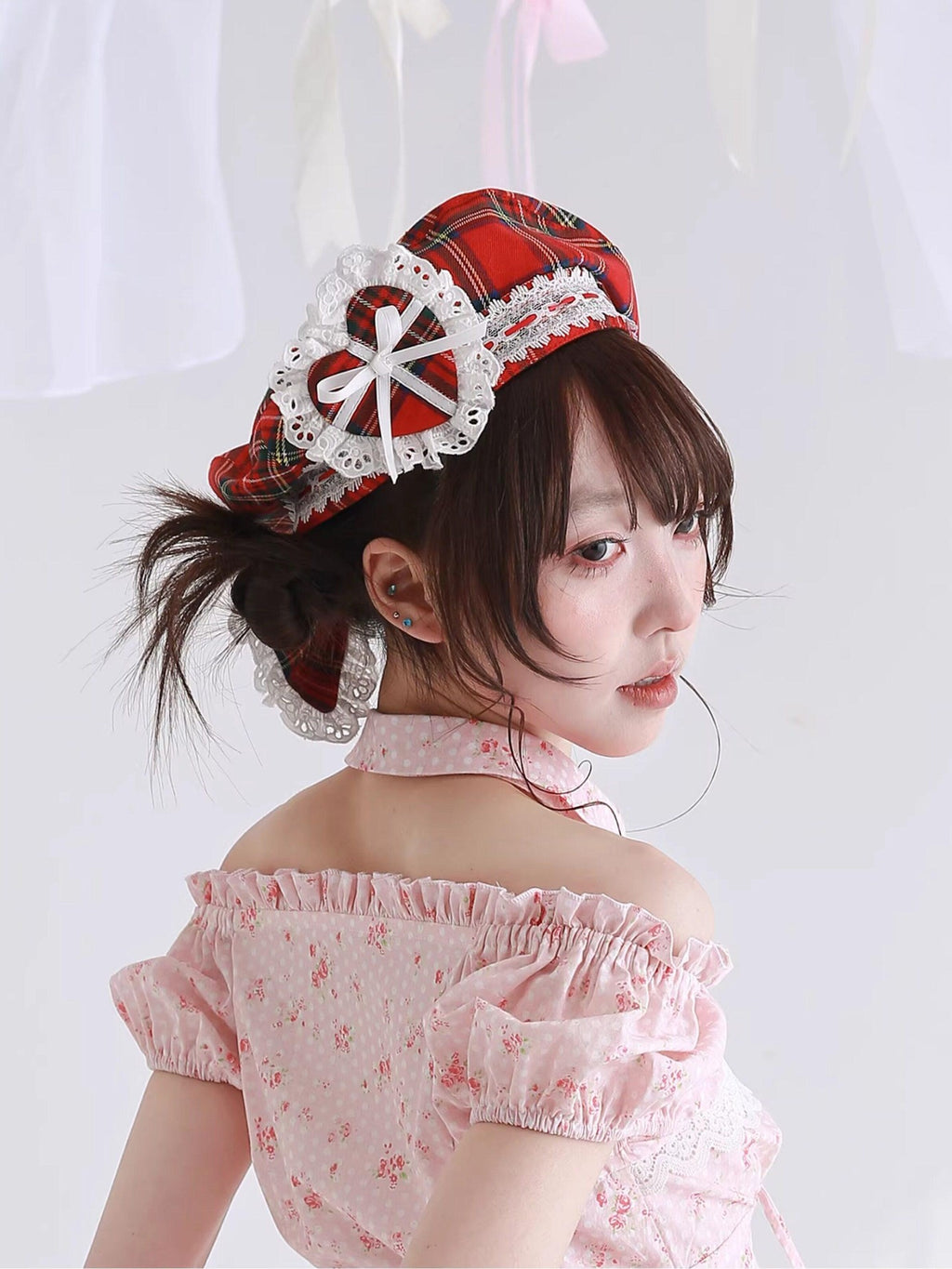 SOS MEME CLUB Retro Red Plaid Hollow Embroidered Women's Polyester Full Bonnets