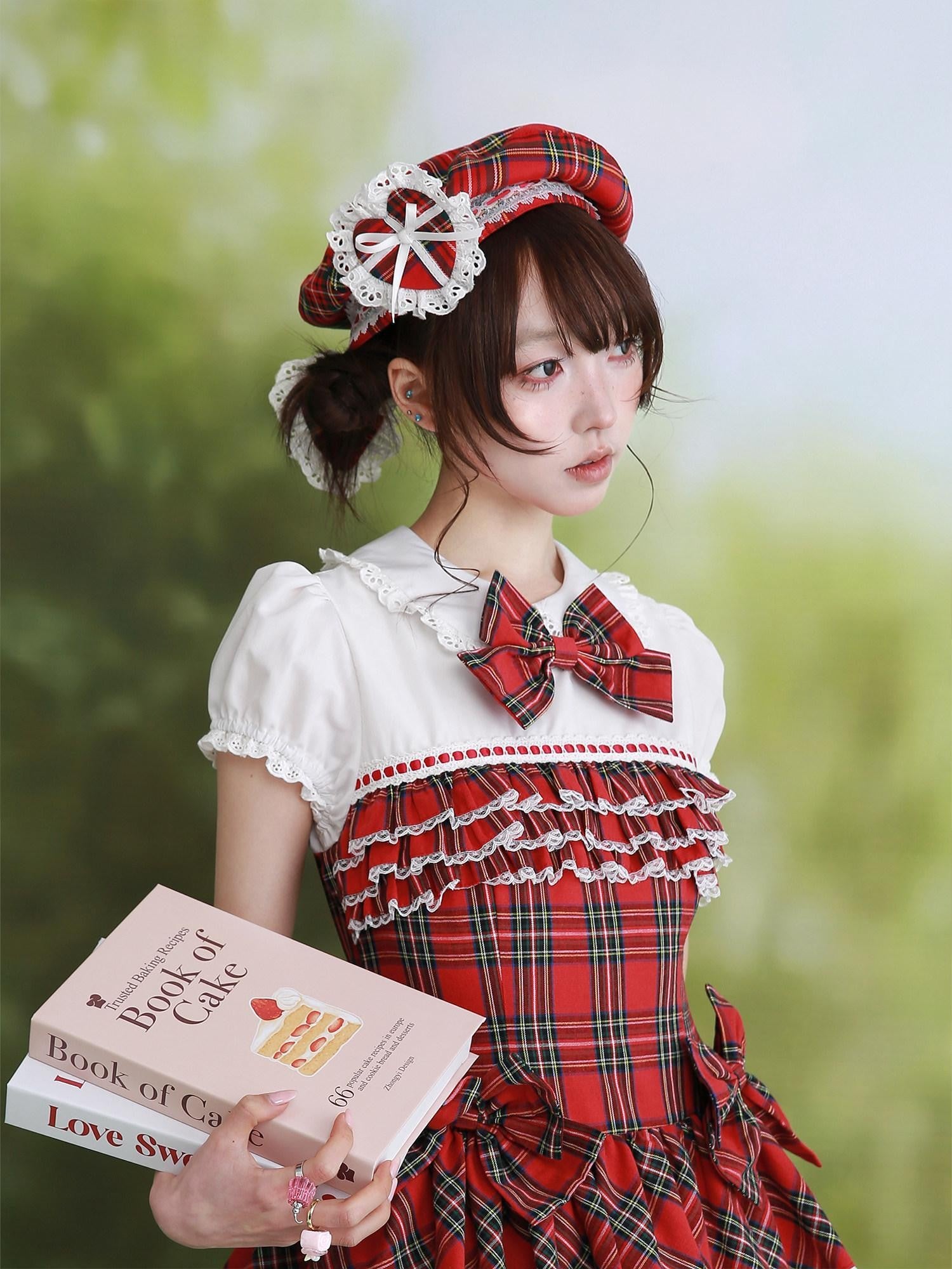 SOS MEME CLUB Retro Red Plaid Hollow Embroidered Women's Polyester Full Bonnets