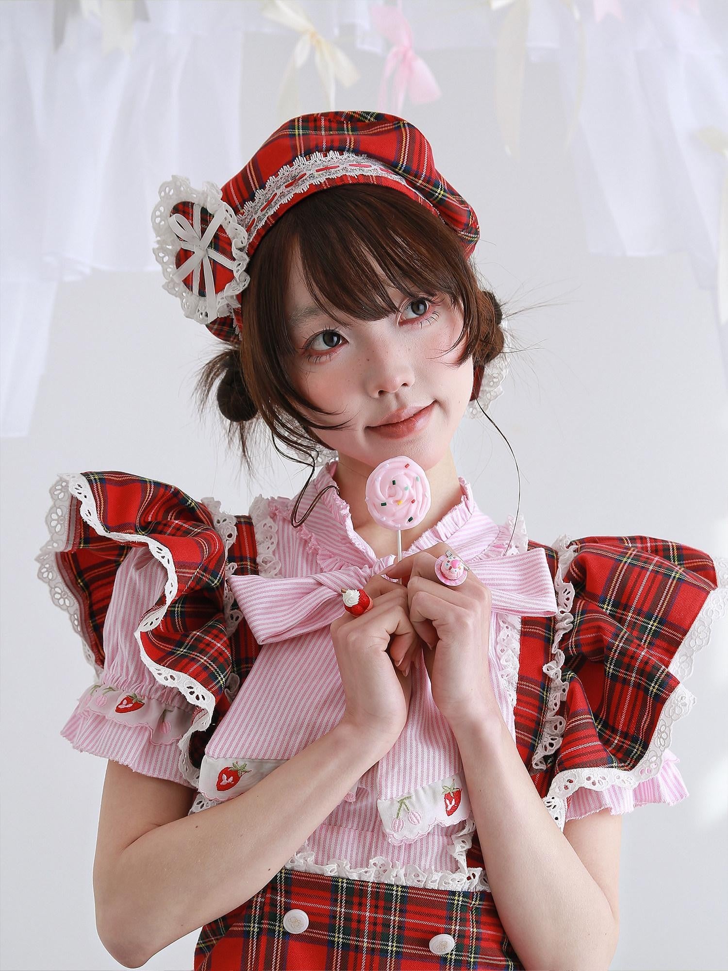 SOS MEME CLUB Retro Red Plaid Hollow Embroidered Women's Polyester Full Bonnets