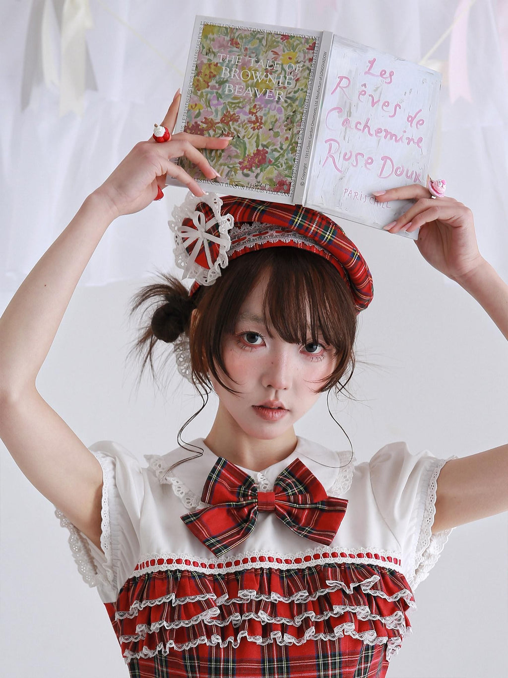 SOS MEME CLUB Retro Red Plaid Hollow Embroidered Women's Polyester Full Bonnets