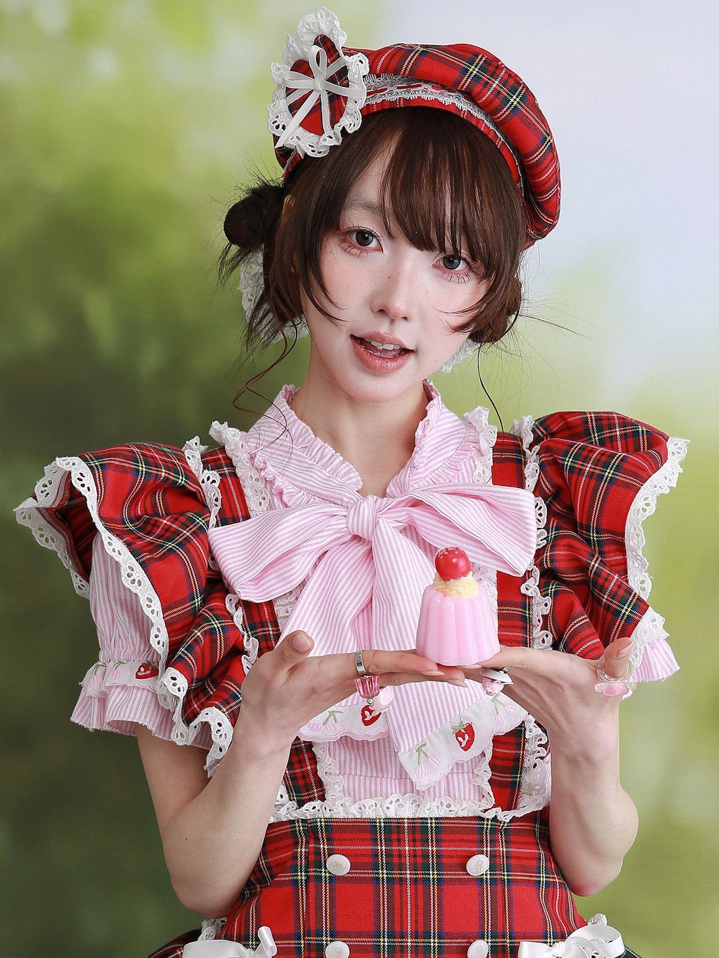 SOS MEME CLUB Retro Red Plaid Hollow Embroidered Women's Polyester Full Bonnets