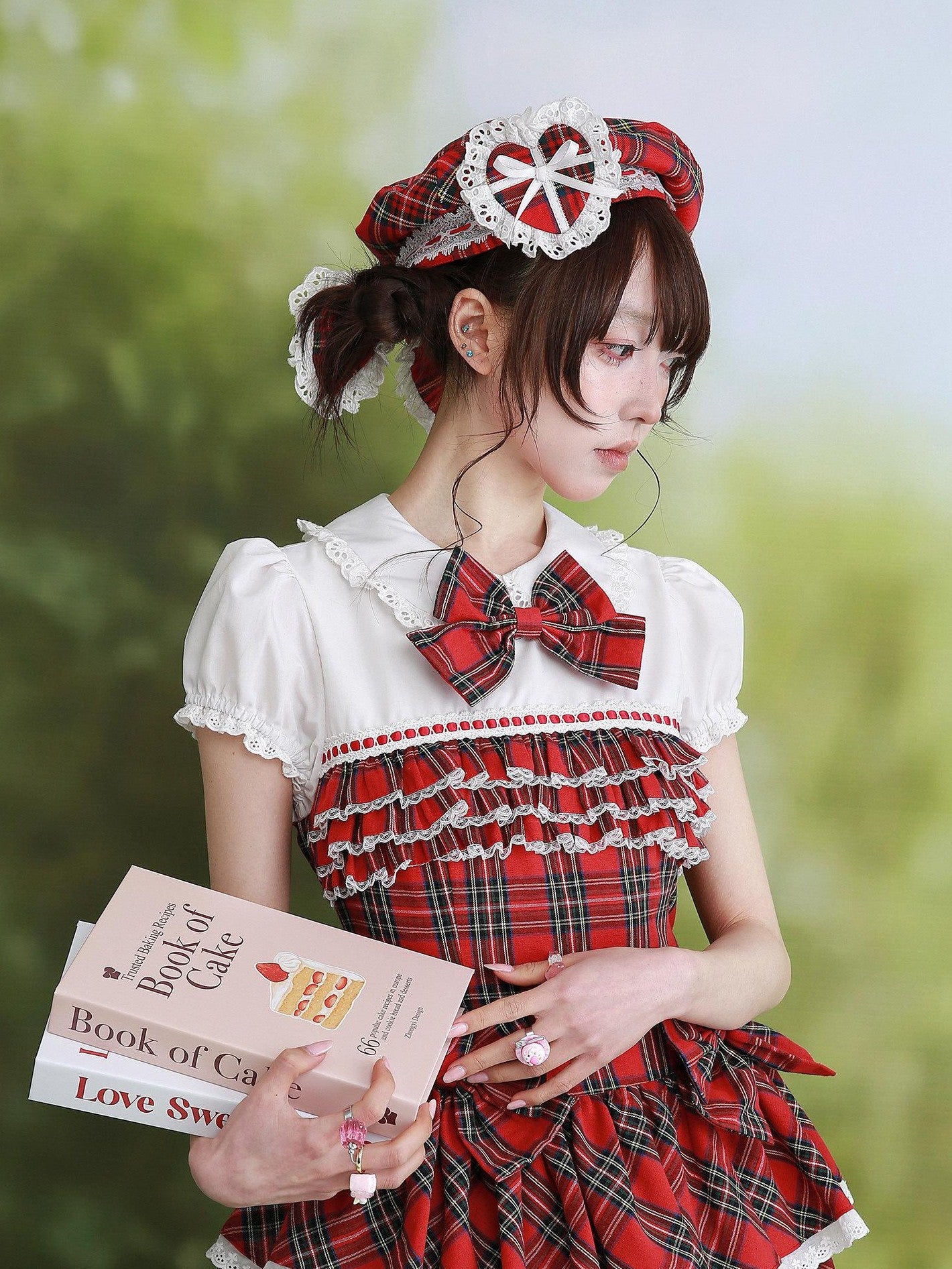SOS MEME CLUB Retro Red Plaid Hollow Embroidered Women's Polyester Full Bonnets