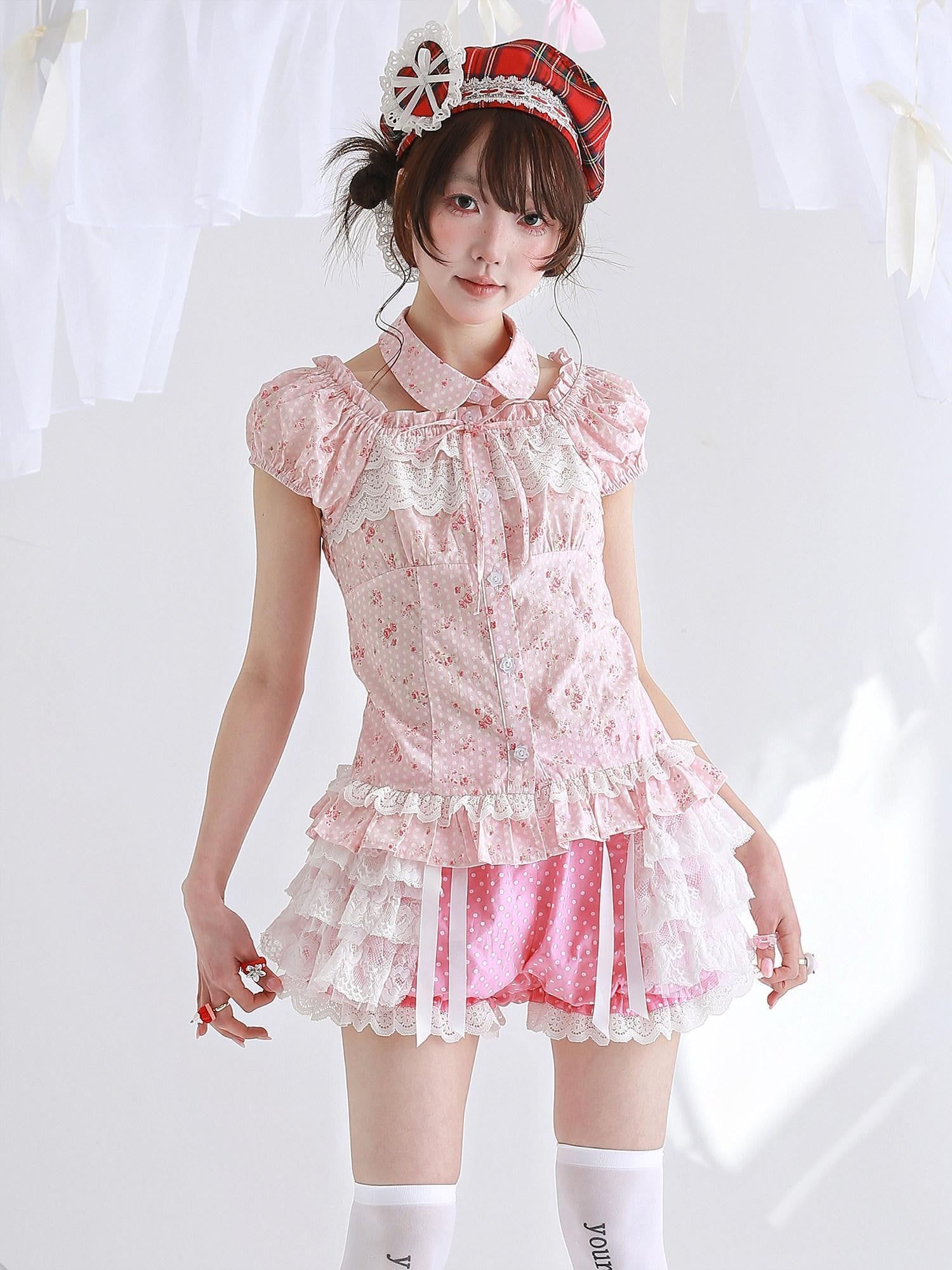 SOS MEME CLUB Showa Pink Polka Dot Pumpkin Lantern Low Waist Women's Rayon Short Bloomers